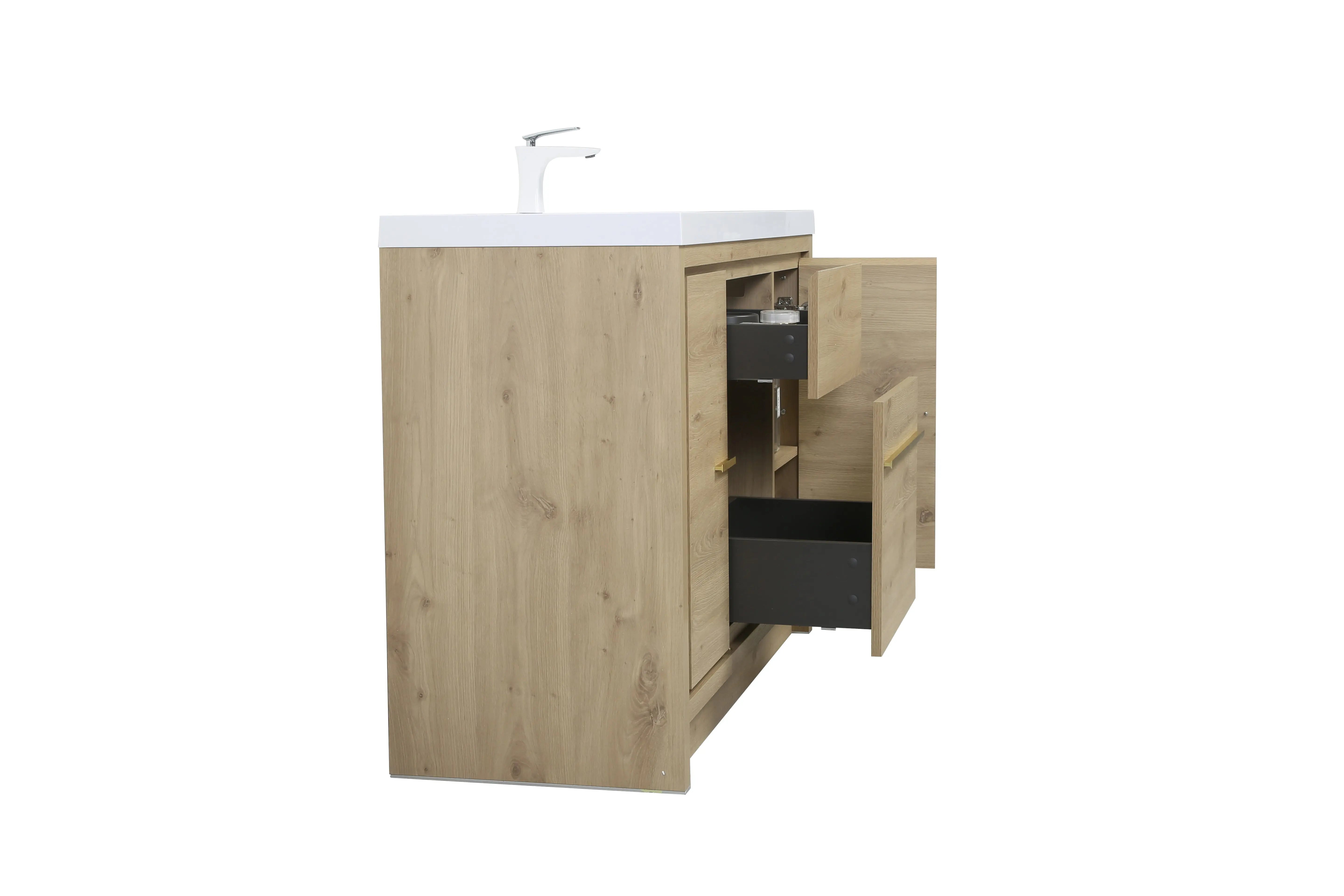 Granada 47.5 Natural Oak With Chrome Handle Cabinet, Square Cultured Marble Sink, Free Standing Modern Vanity Set