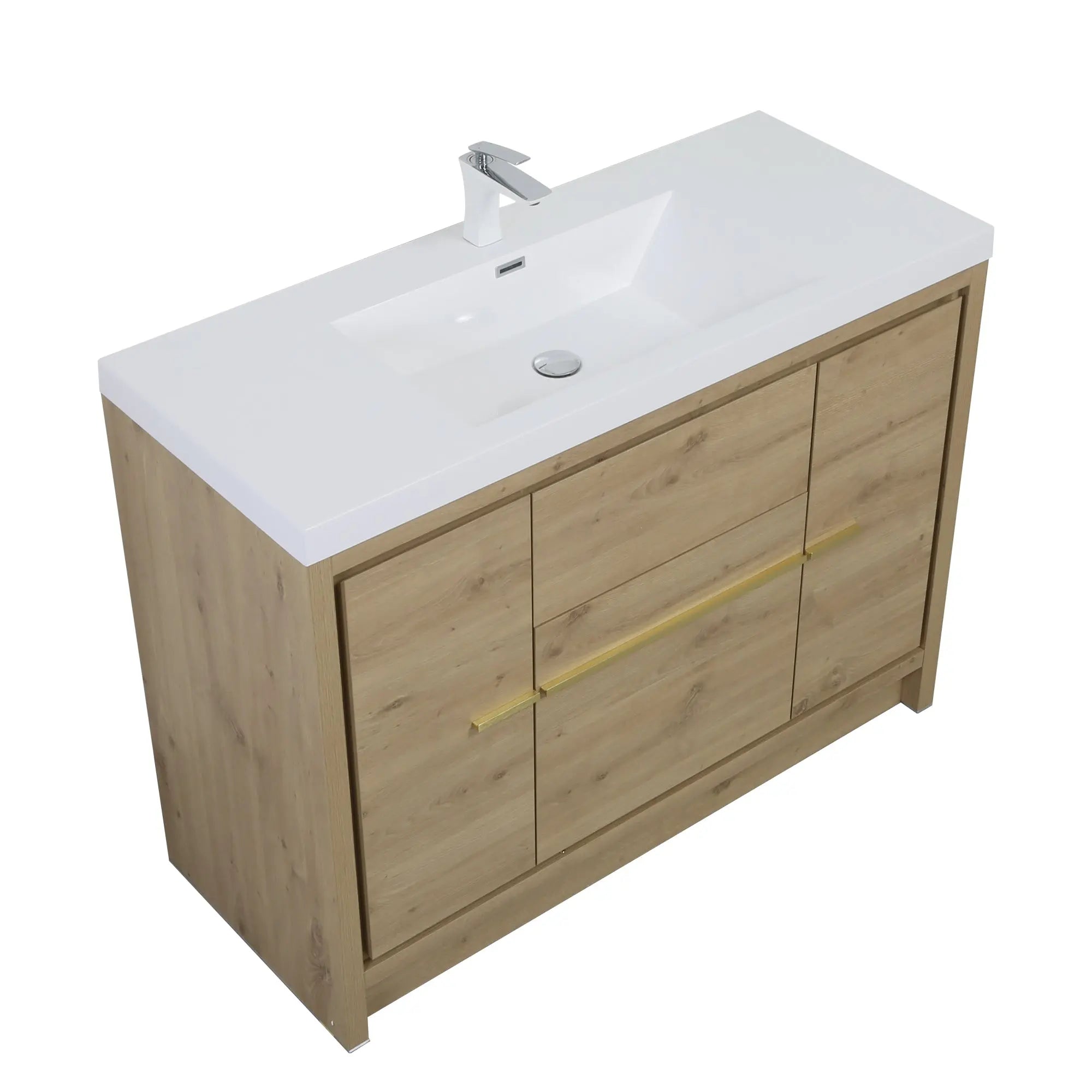 Granada 47.5 Natural Oak With Chrome Handle Cabinet, Square Cultured Marble Sink, Free Standing Modern Vanity Set