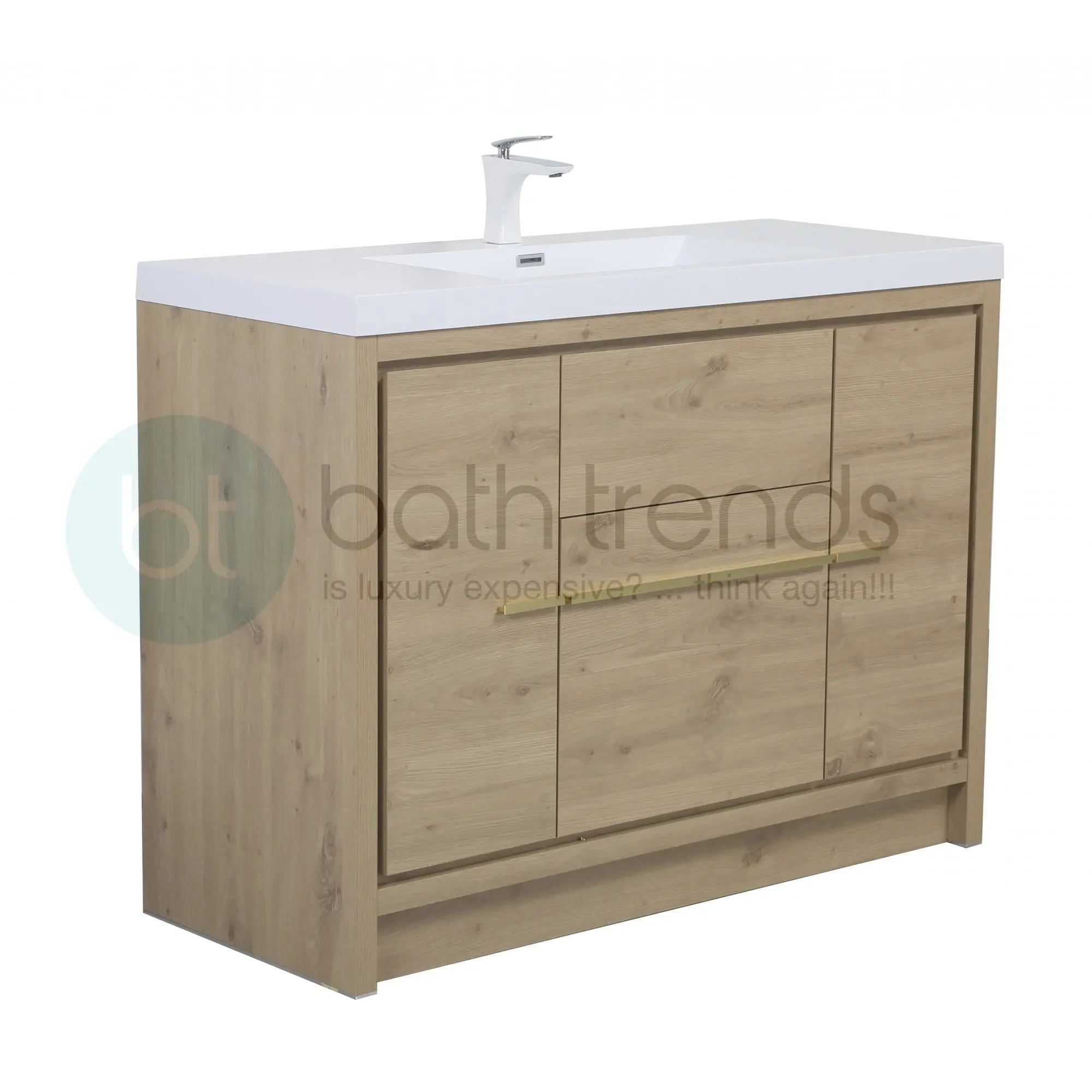 Granada 47.5 Natural Oak With Chrome Handle Cabinet, Square Cultured Marble Sink, Free Standing Modern Vanity Set