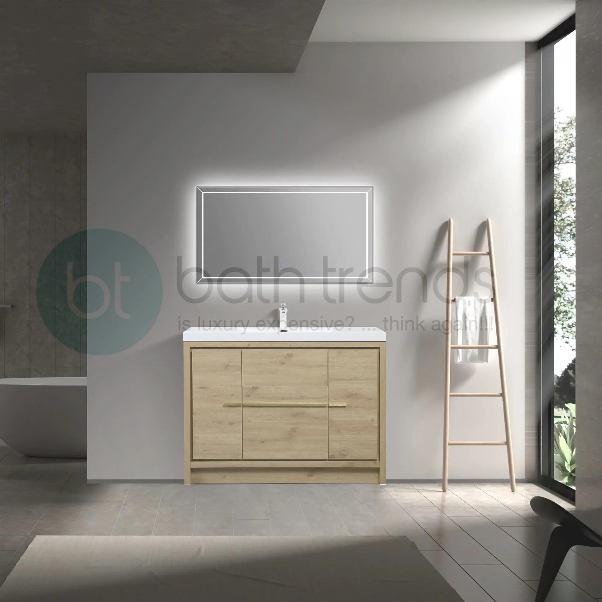 Granada 47.5 Natural Oak With Chrome Handle Cabinet, Square Cultured Marble Sink, Free Standing Modern Vanity Set