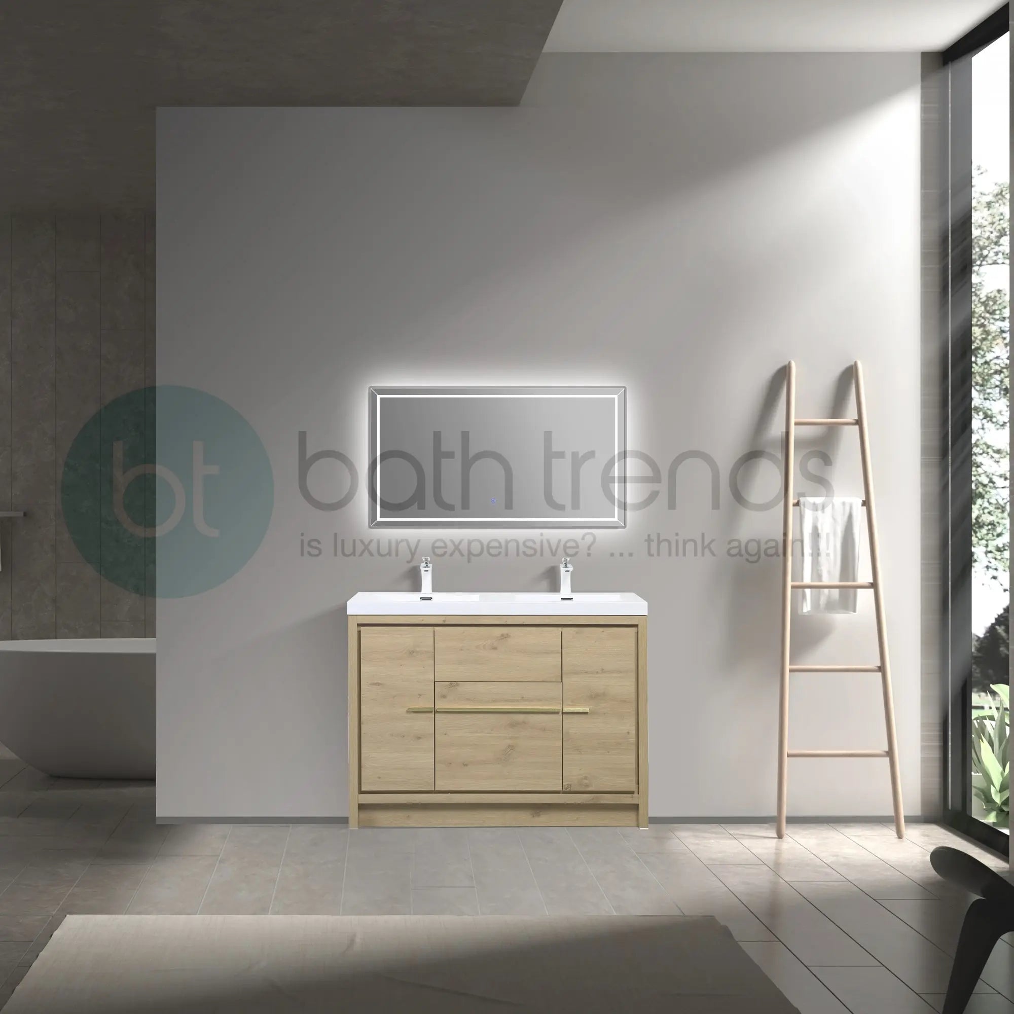 Granada 59 Natural Oak With Chrome Handle Cabinet, Square Cultured Marble Double Sink, Free Standing Modern Vanity Set