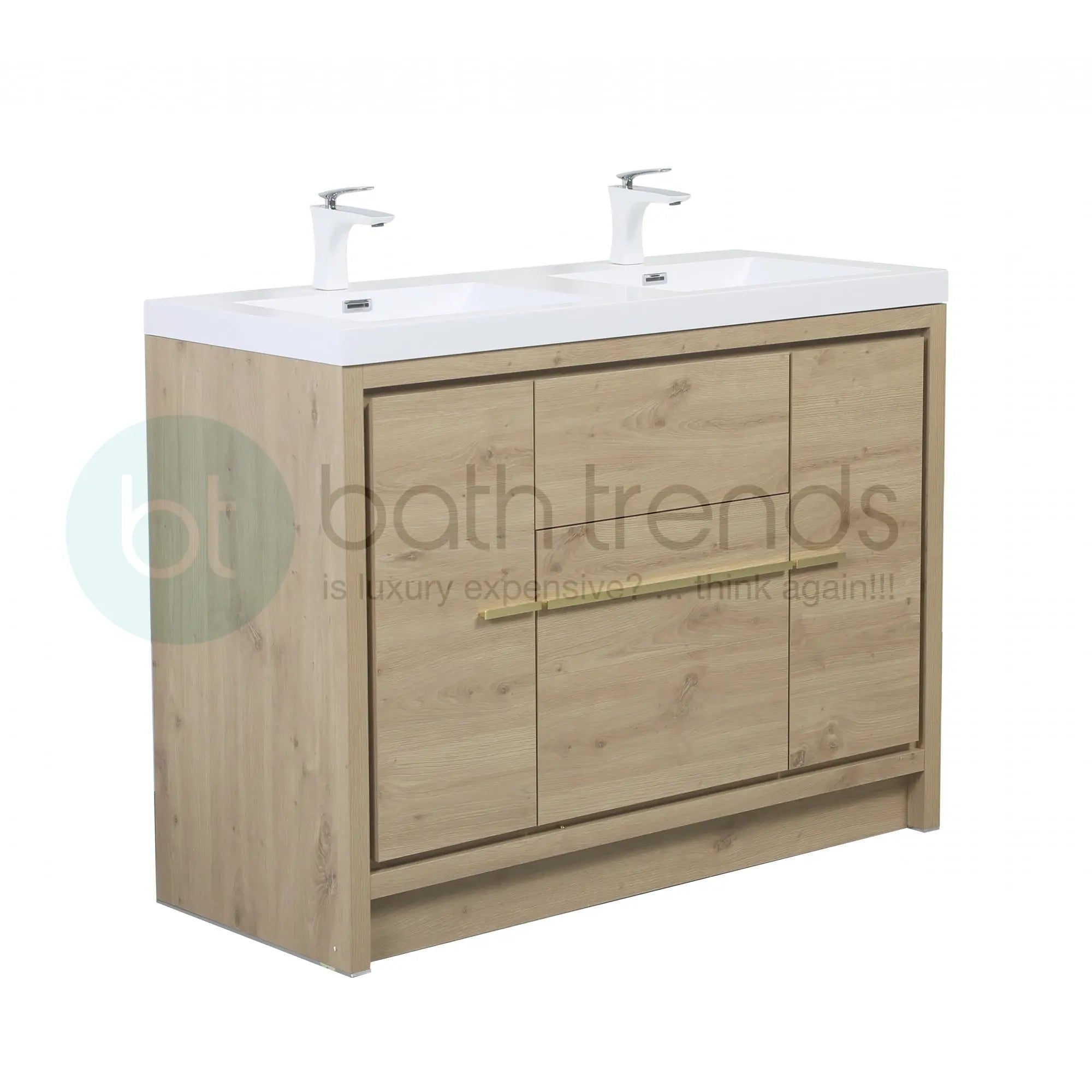 Granada 59 Natural Oak With Chrome Handle Cabinet, Square Cultured Marble Double Sink, Free Standing Modern Vanity Set
