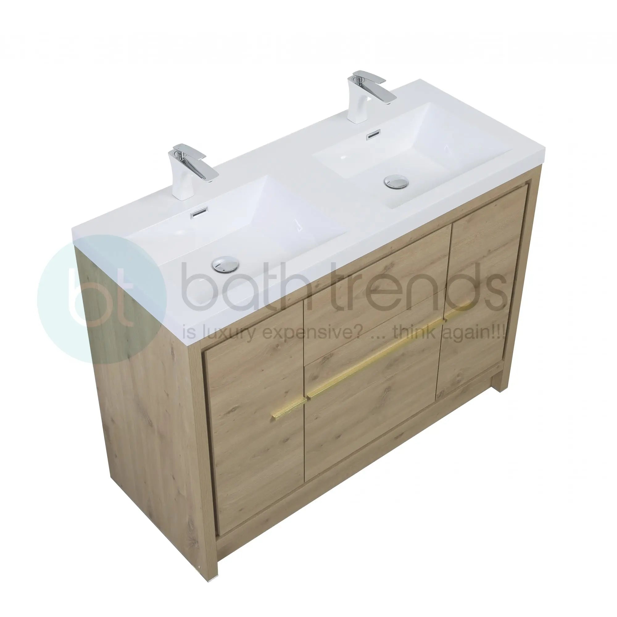 Granada 59 Natural Oak With Chrome Handle Cabinet, Square Cultured Marble Double Sink, Free Standing Modern Vanity Set