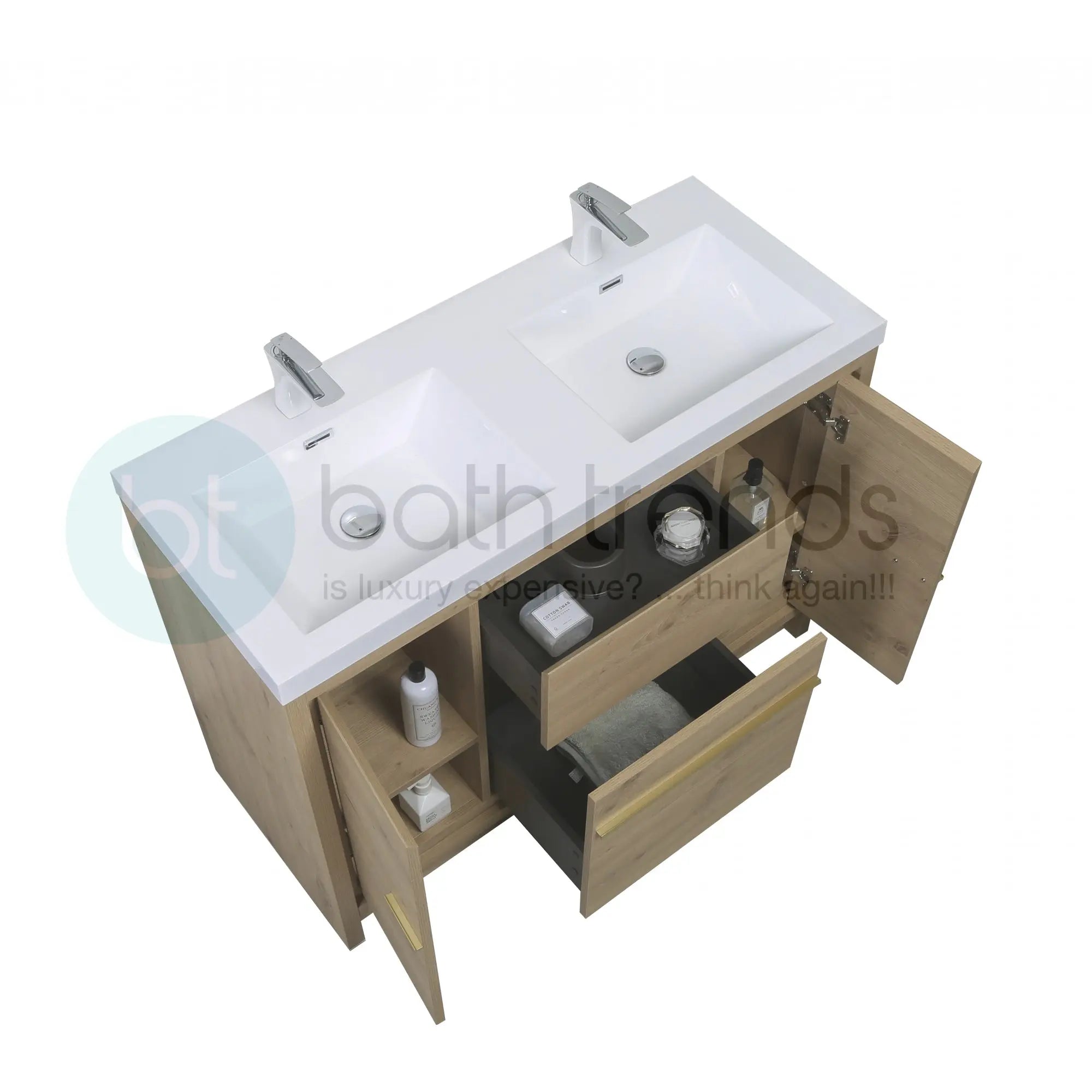 Granada 59 Natural Oak With Chrome Handle Cabinet, Square Cultured Marble Double Sink, Free Standing Modern Vanity Set