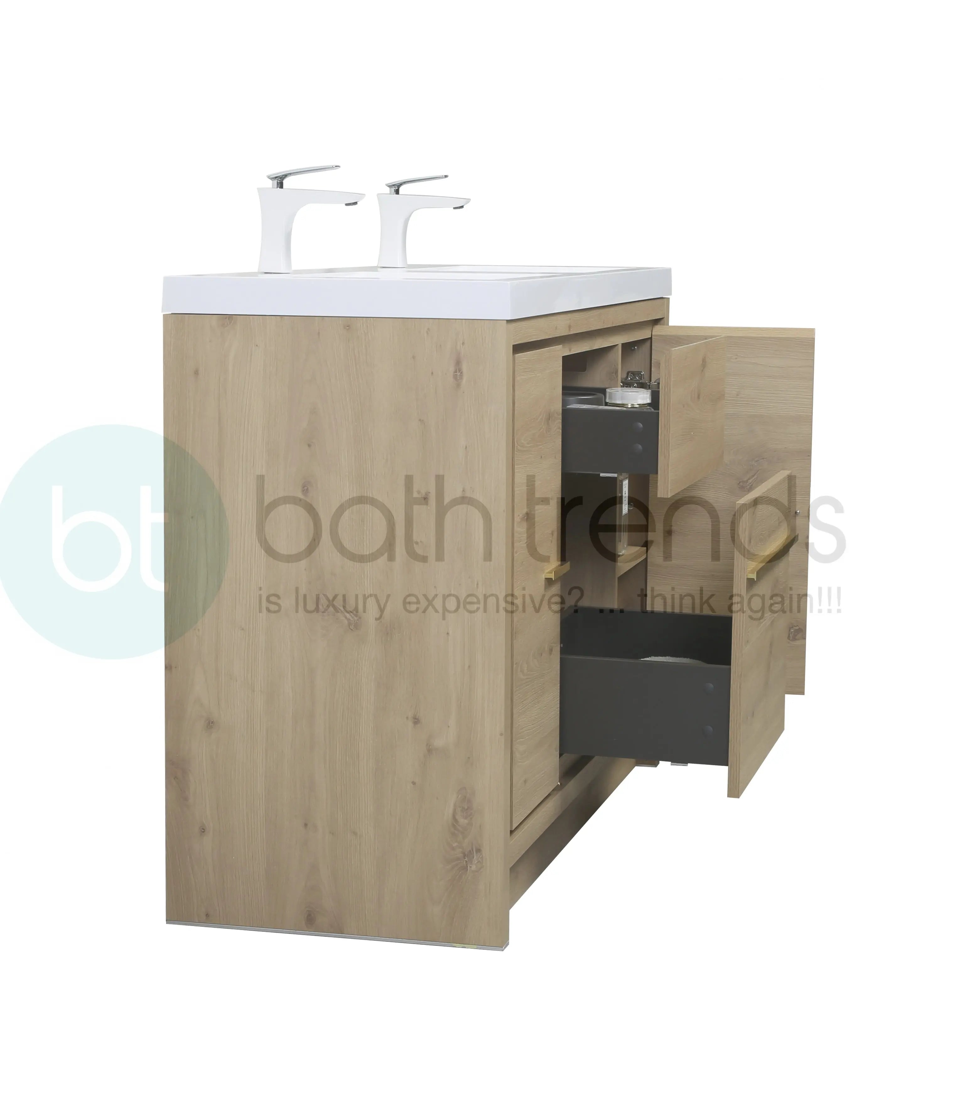 Granada 59 Natural Oak With Chrome Handle Cabinet, Square Cultured Marble Double Sink, Free Standing Modern Vanity Set