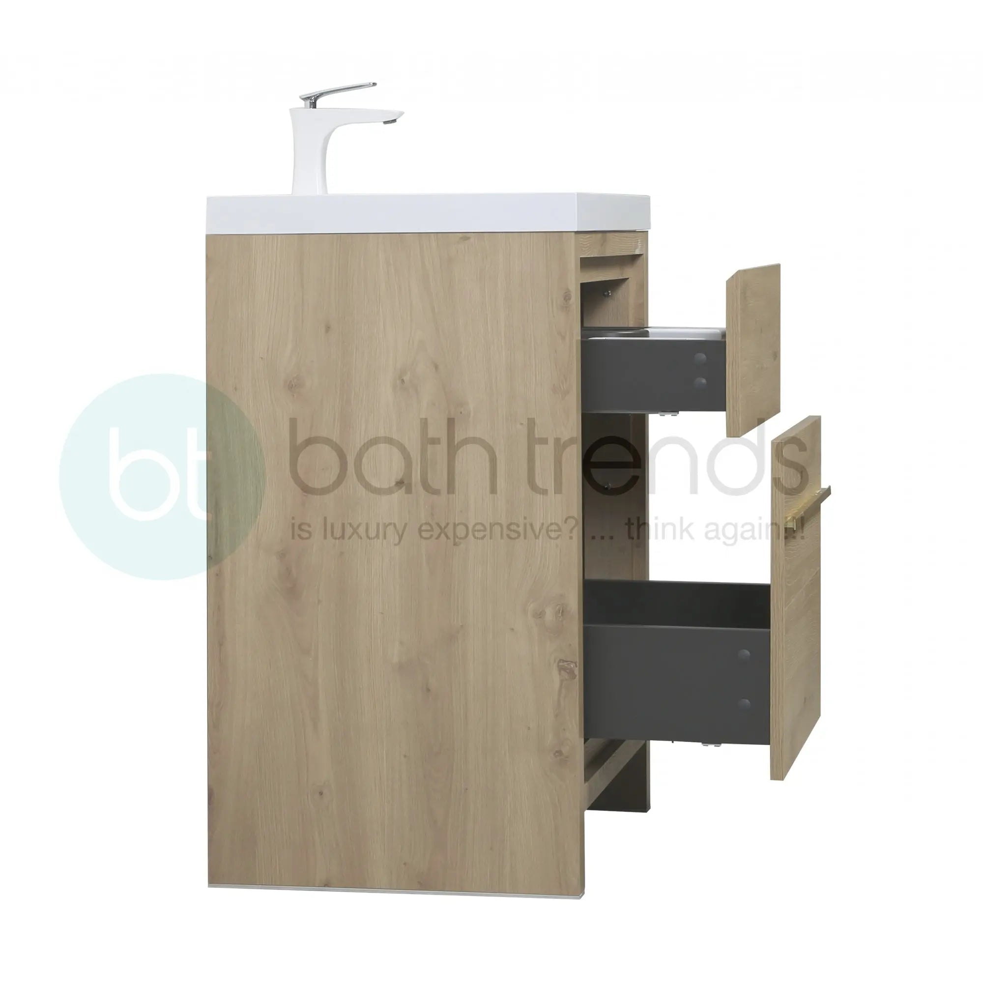 Granada 23.5 Natural Oak With Chrome Handle Cabinet, Square Cultured Marble Sink, Free Standing Modern Vanity Set
