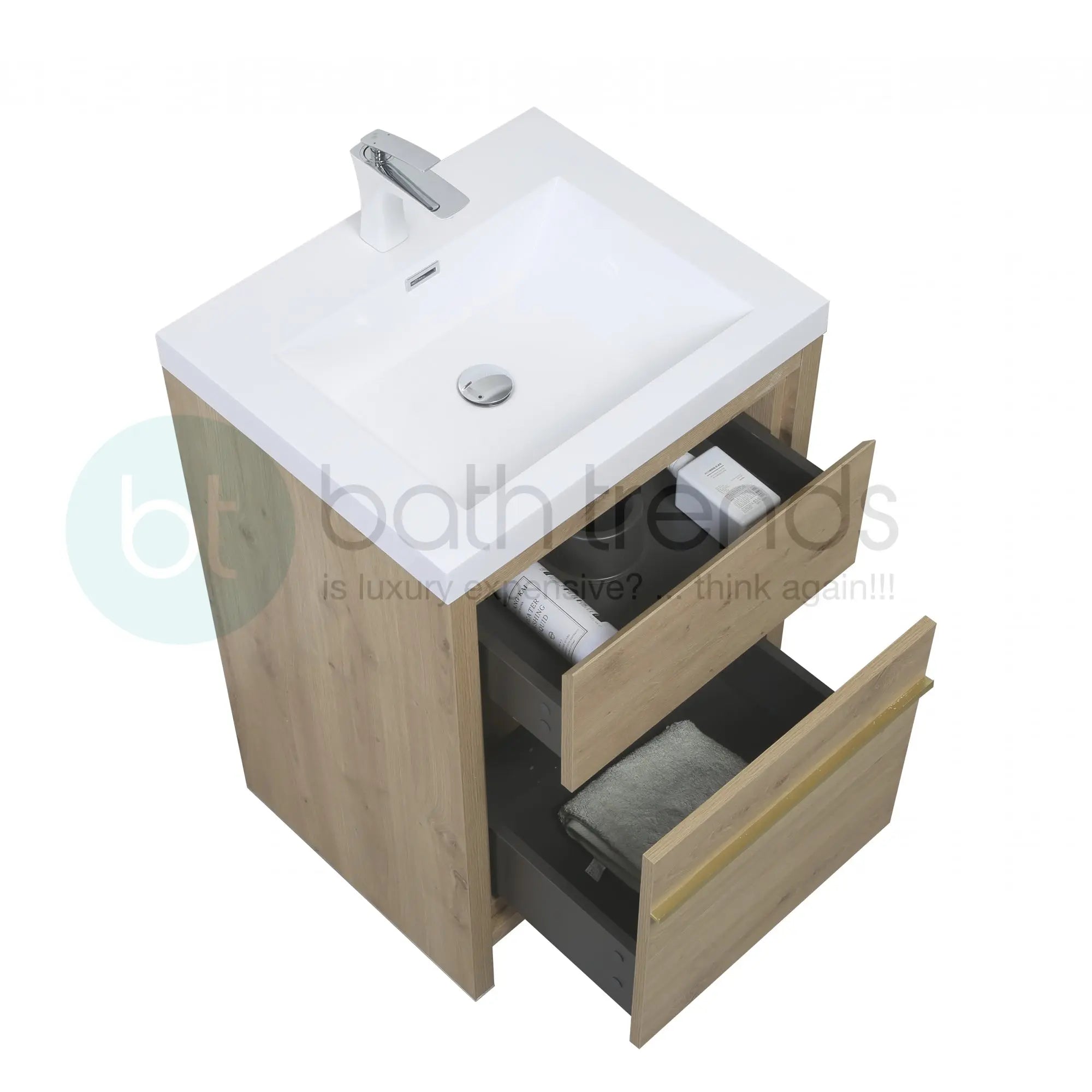 Granada 23.5 Natural Oak With Chrome Handle Cabinet, Square Cultured Marble Sink, Free Standing Modern Vanity Set