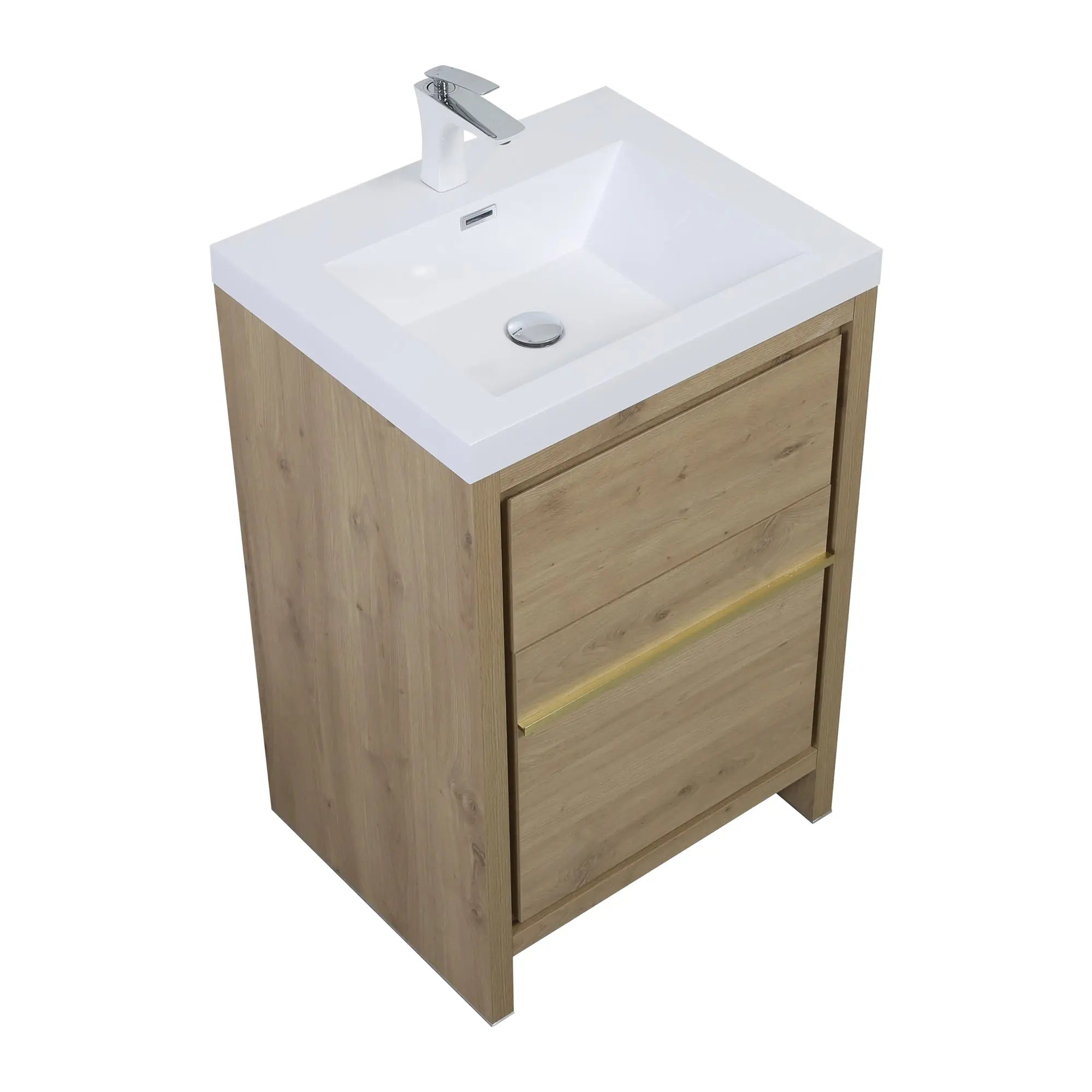 Granada 23.5 Natural Oak With Chrome Handle Cabinet, Square Cultured Marble Sink, Free Standing Modern Vanity Set