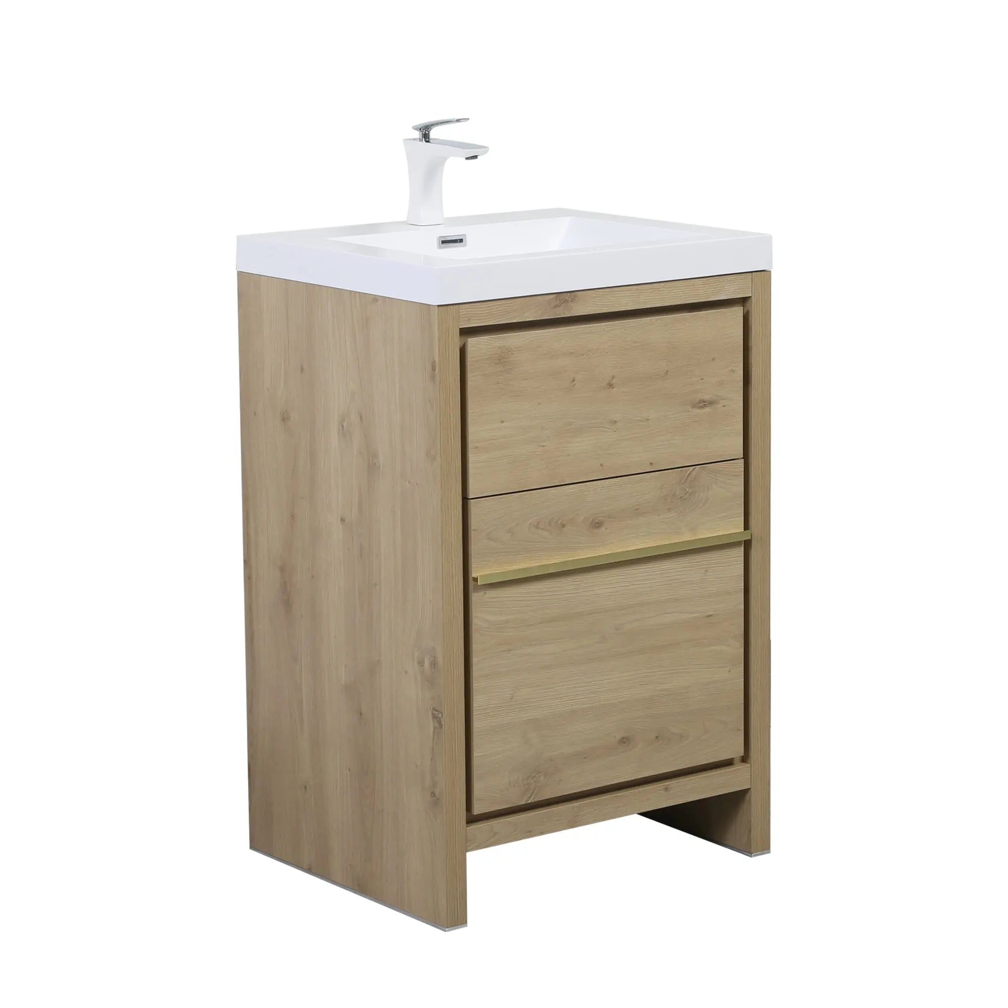 Granada 23.5 Natural Oak With Chrome Handle Cabinet, Square Cultured Marble Sink, Free Standing Modern Vanity Set