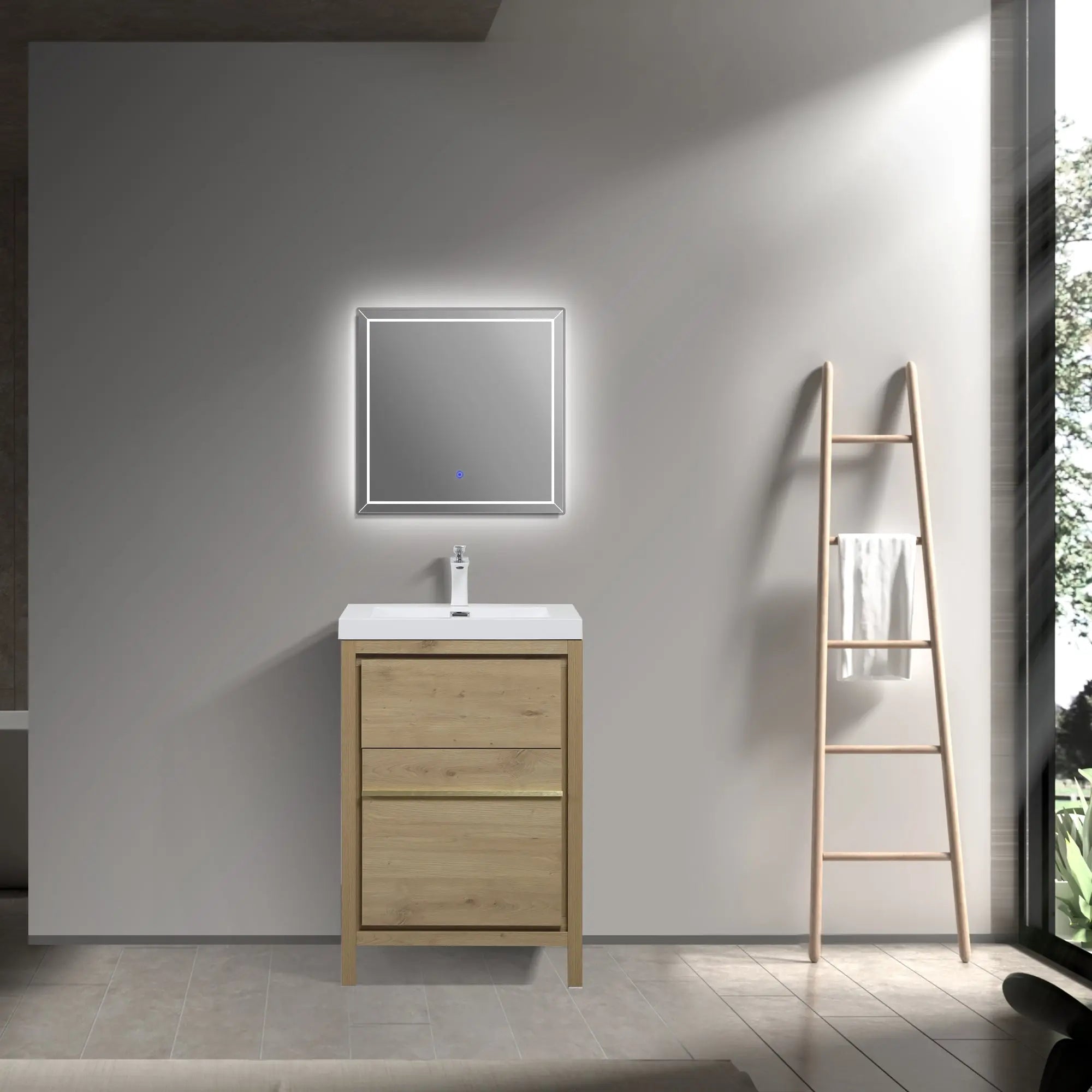 Granada 23.5 Natural Oak With Chrome Handle Cabinet, Square Cultured Marble Sink, Free Standing Modern Vanity Set