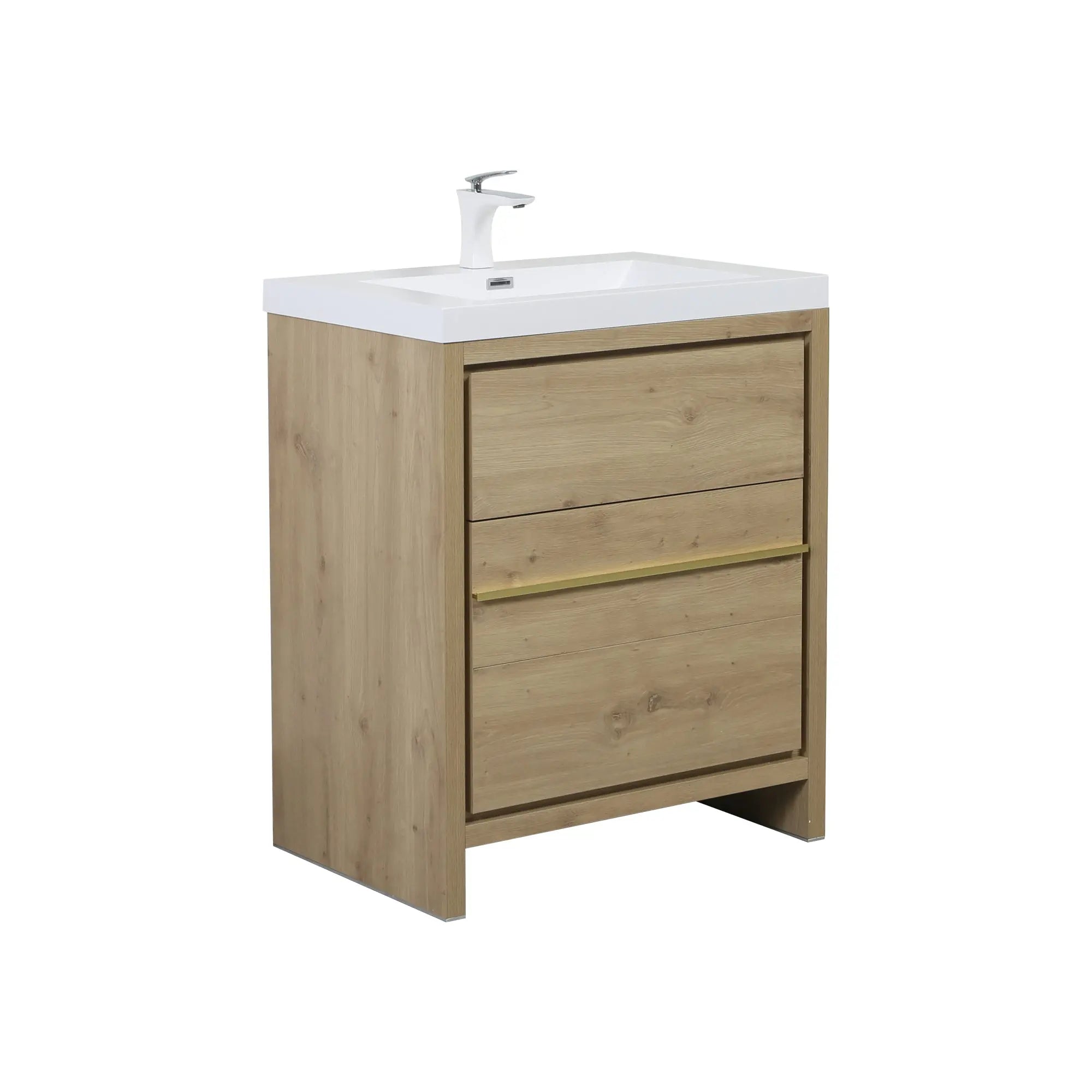 Granada 29.5 Natural Oak With Chrome Handle Cabinet, Square Cultured Marble Sink, Free Standing Modern Vanity Set