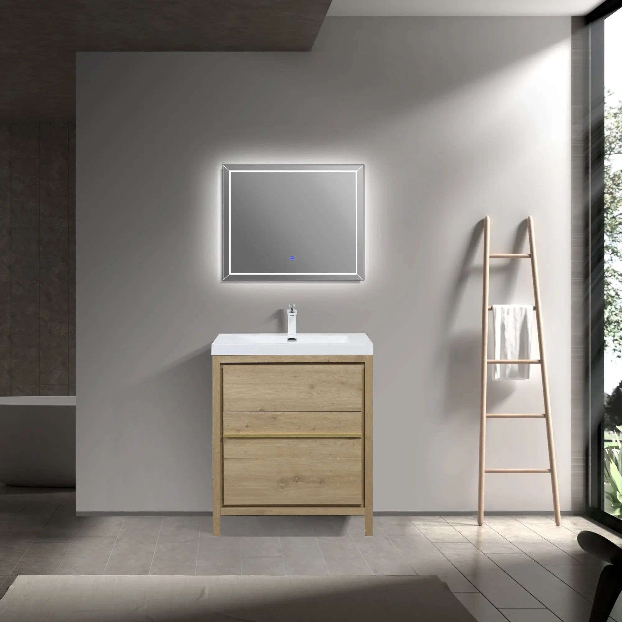 Granada 29.5 Natural Oak With Chrome Handle Cabinet, Square Cultured Marble Sink, Free Standing Modern Vanity Set