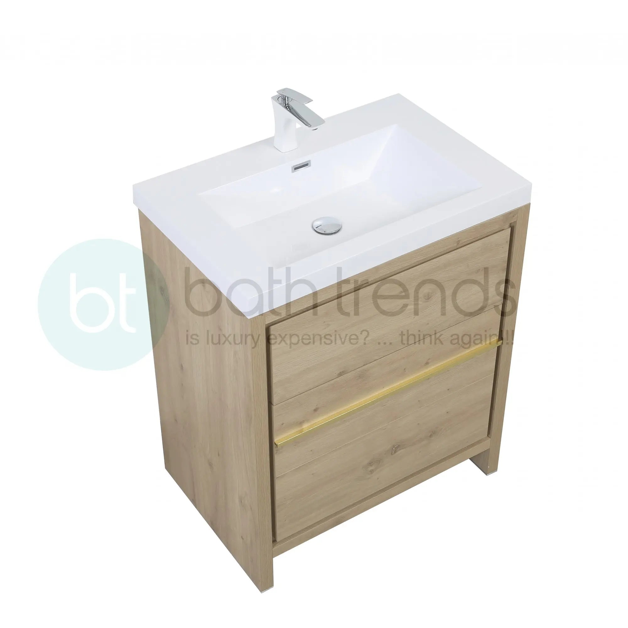 Granada 29.5 Natural Oak With Chrome Handle Cabinet, Square Cultured Marble Sink, Free Standing Modern Vanity Set