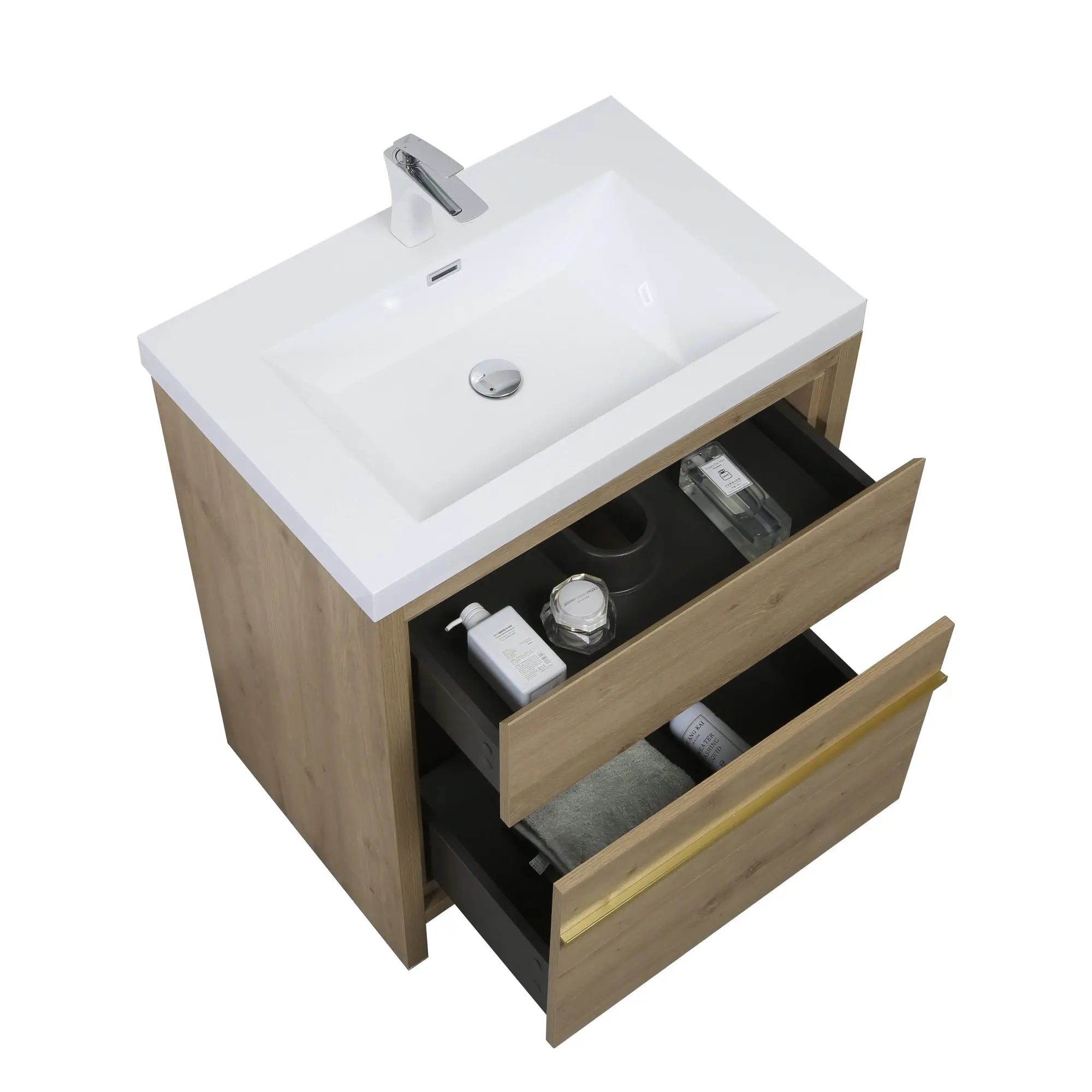 Granada 29.5 Natural Oak With Chrome Handle Cabinet, Square Cultured Marble Sink, Free Standing Modern Vanity Set