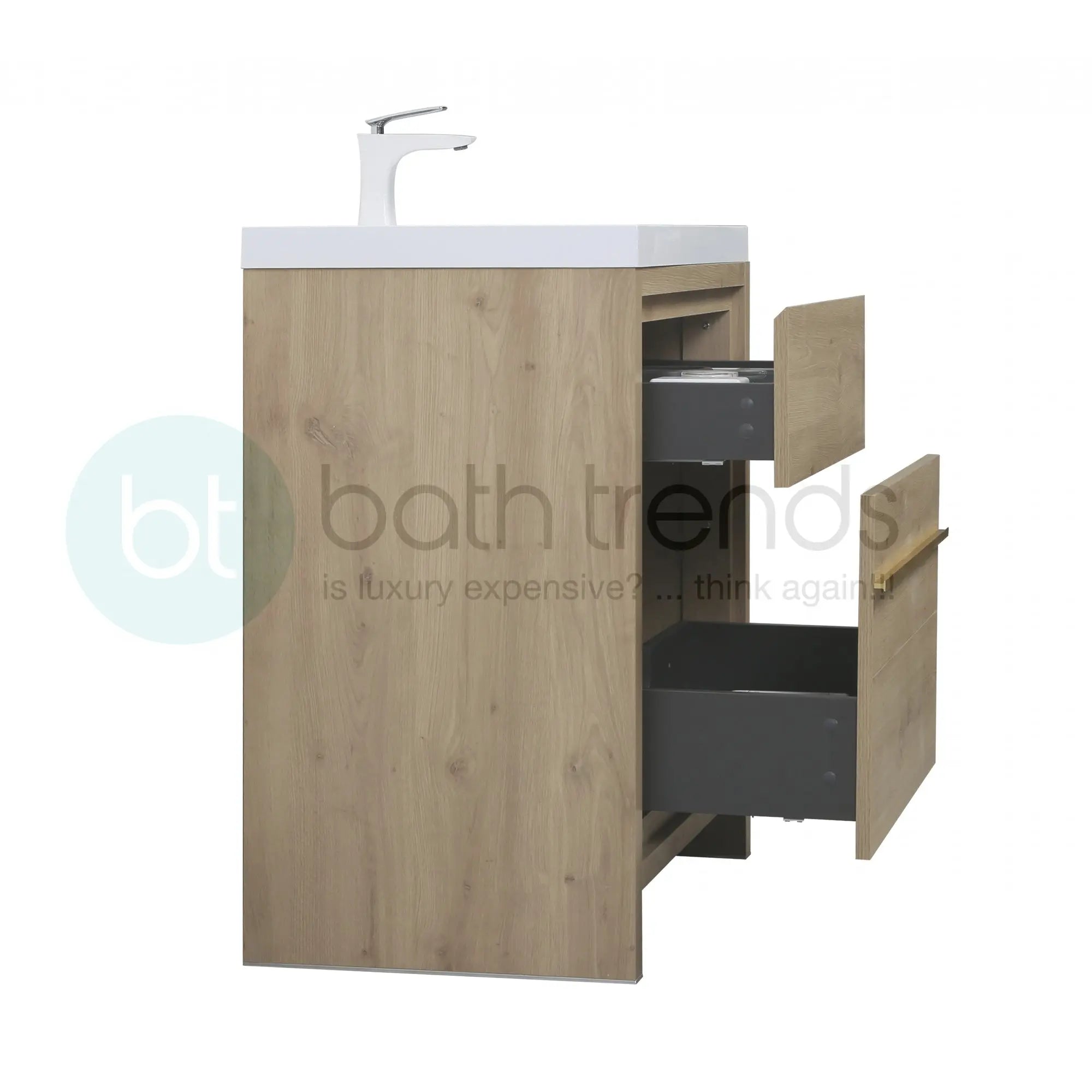 Granada 29.5 Natural Oak With Chrome Handle Cabinet, Square Cultured Marble Sink, Free Standing Modern Vanity Set