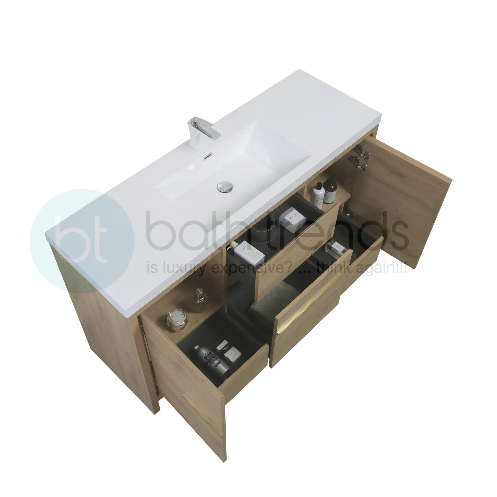 Granada 59 Natural Oak With Chrome Handle Cabinet, Square Cultured Marble Single Sink, Free Standing Modern Vanity Set