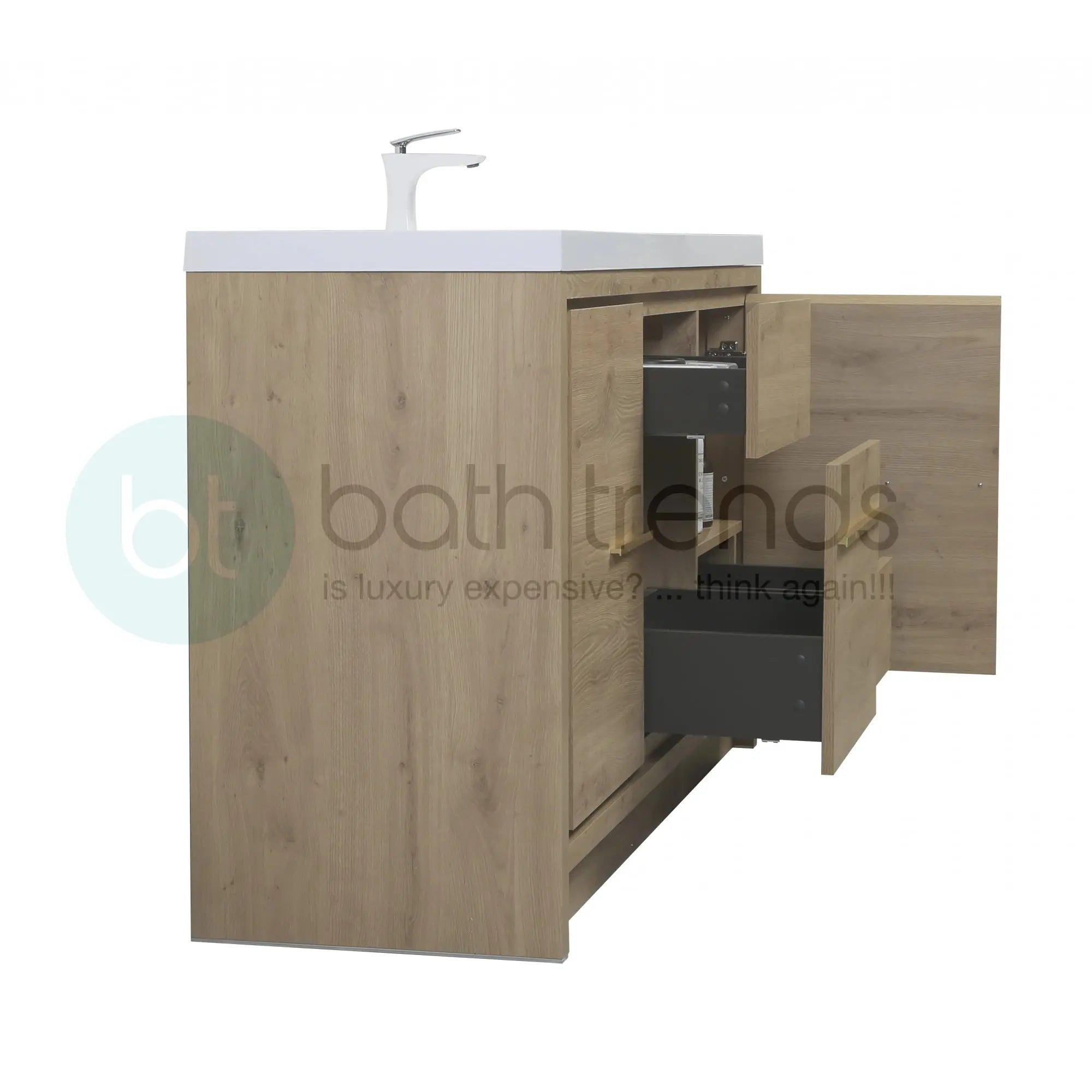 Granada 59 Natural Oak With Chrome Handle Cabinet, Square Cultured Marble Single Sink, Free Standing Modern Vanity Set
