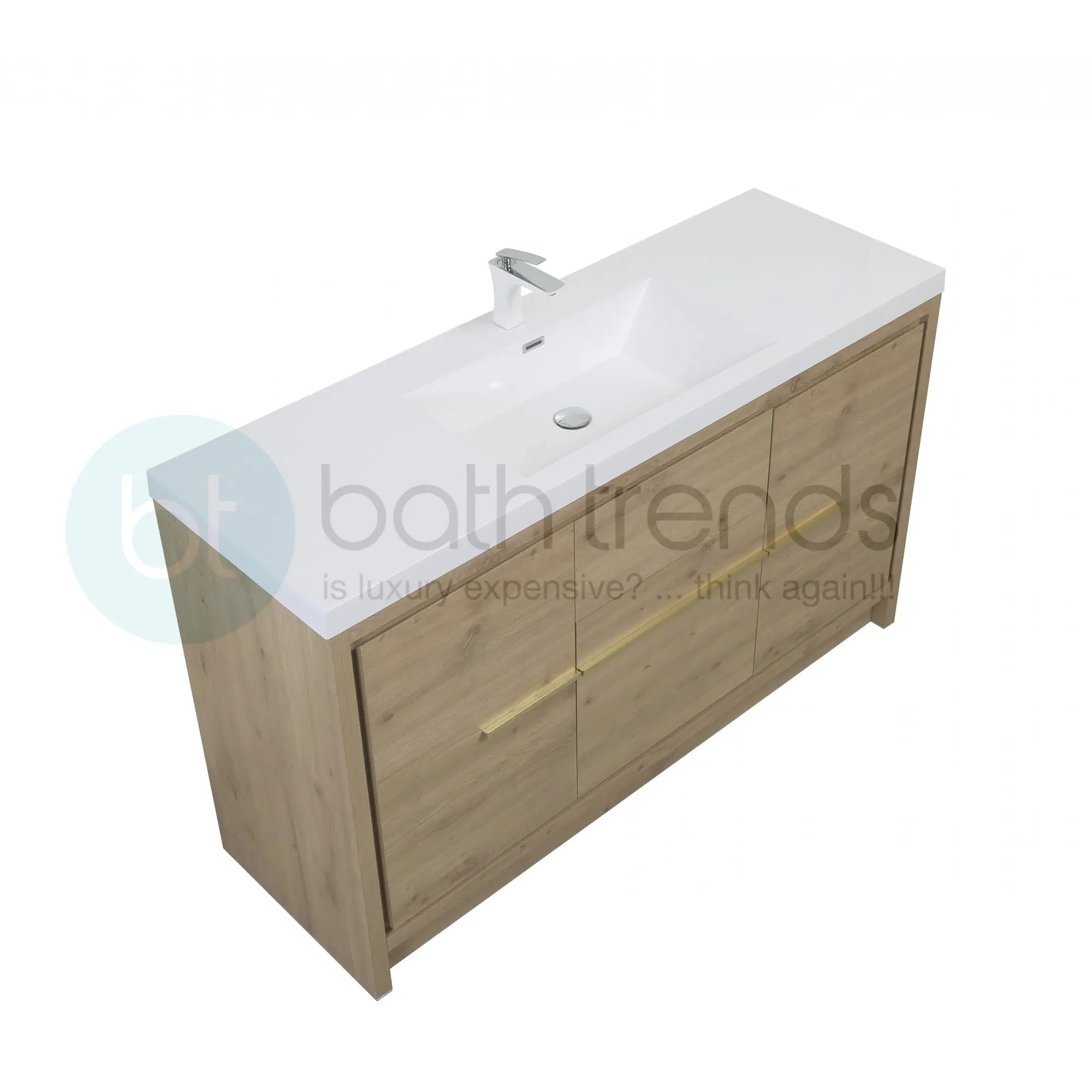 Granada 59 Natural Oak With Chrome Handle Cabinet, Square Cultured Marble Single Sink, Free Standing Modern Vanity Set