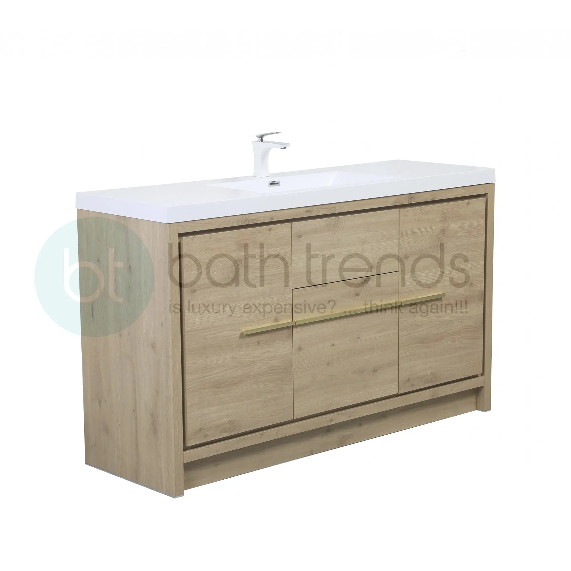 Granada 59 Natural Oak With Chrome Handle Cabinet, Square Cultured Marble Single Sink, Free Standing Modern Vanity Set