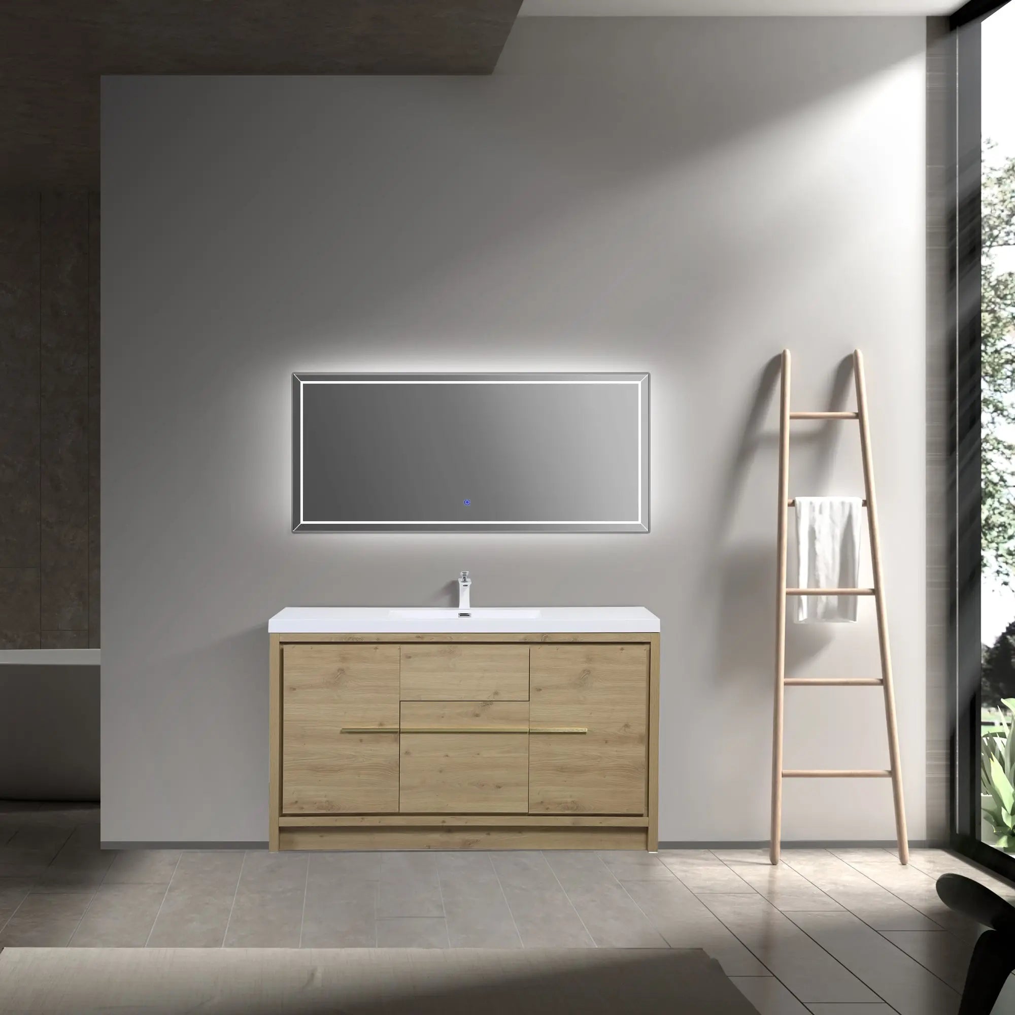 Granada 59 Natural Oak With Chrome Handle Cabinet, Square Cultured Marble Single Sink, Free Standing Modern Vanity Set