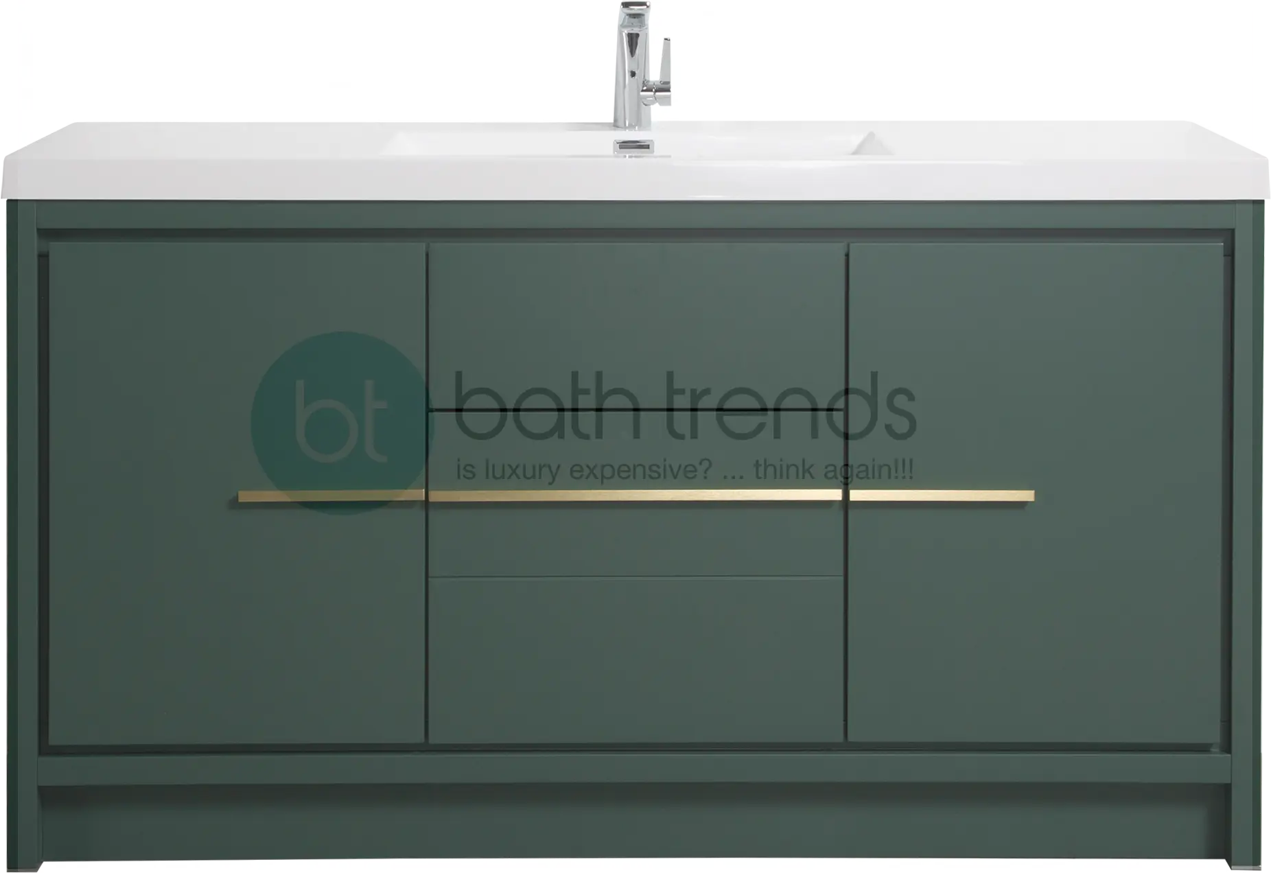 Granada 59 Nordic Green With Brush Gold Handle Cabinet, Square Cultured Marble Single Sink, Free Standing Modern Vanity Set