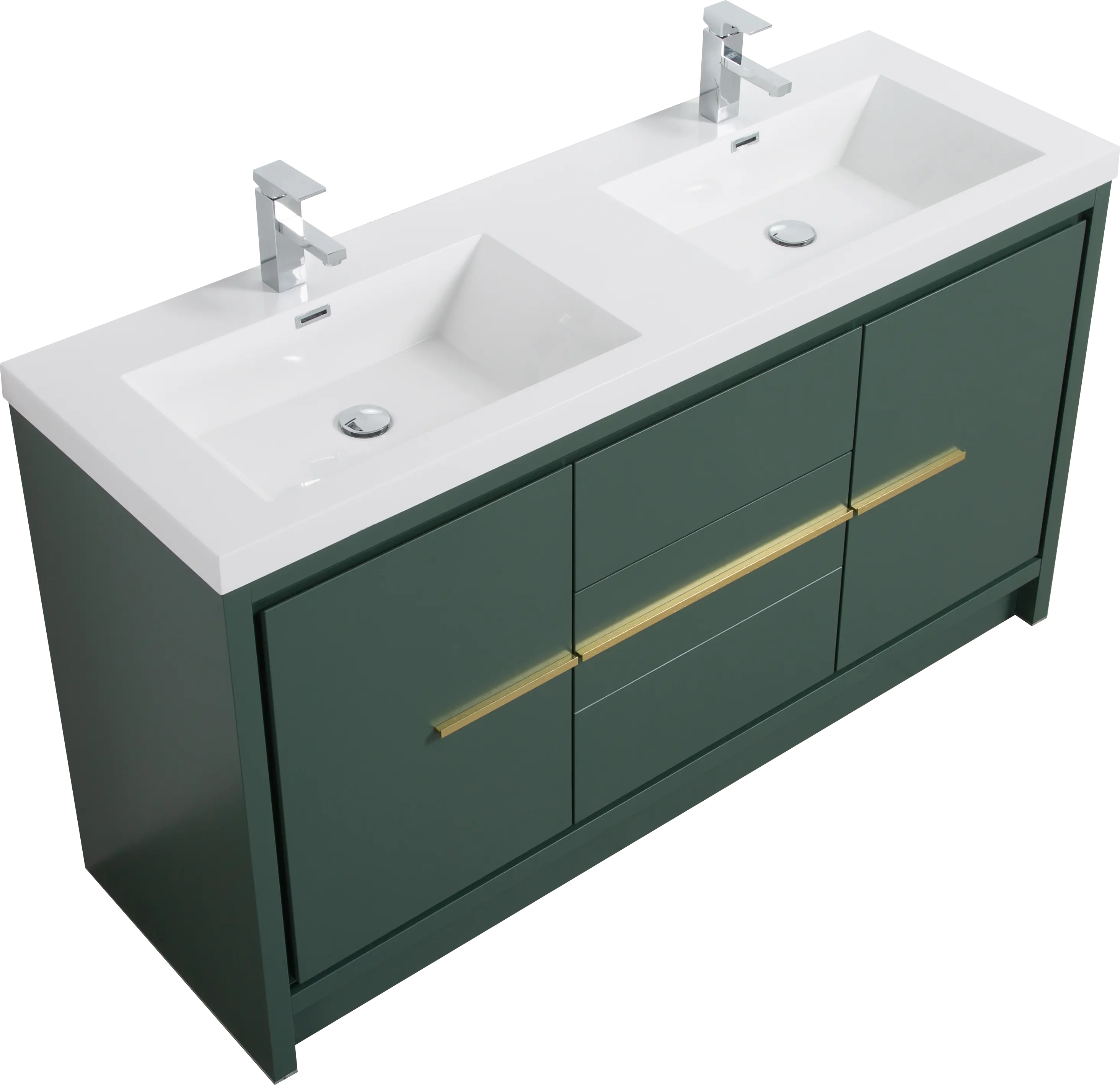 Granada 59 Nordic Green With Brush Gold Handle Cabinet, Square Cultured Marble Double Sink, Free Standing Modern Vanity Set