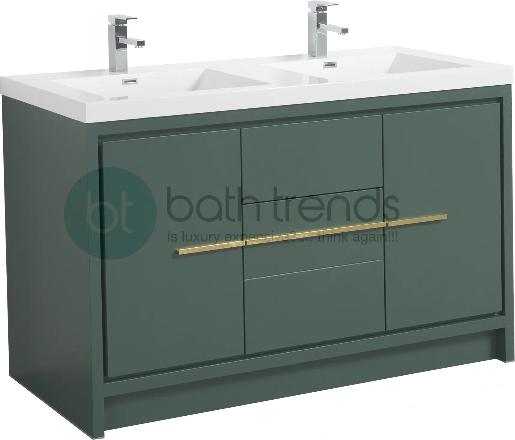 Granada 59 Nordic Green With Brush Gold Handle Cabinet, Square Cultured Marble Double Sink, Free Standing Modern Vanity Set