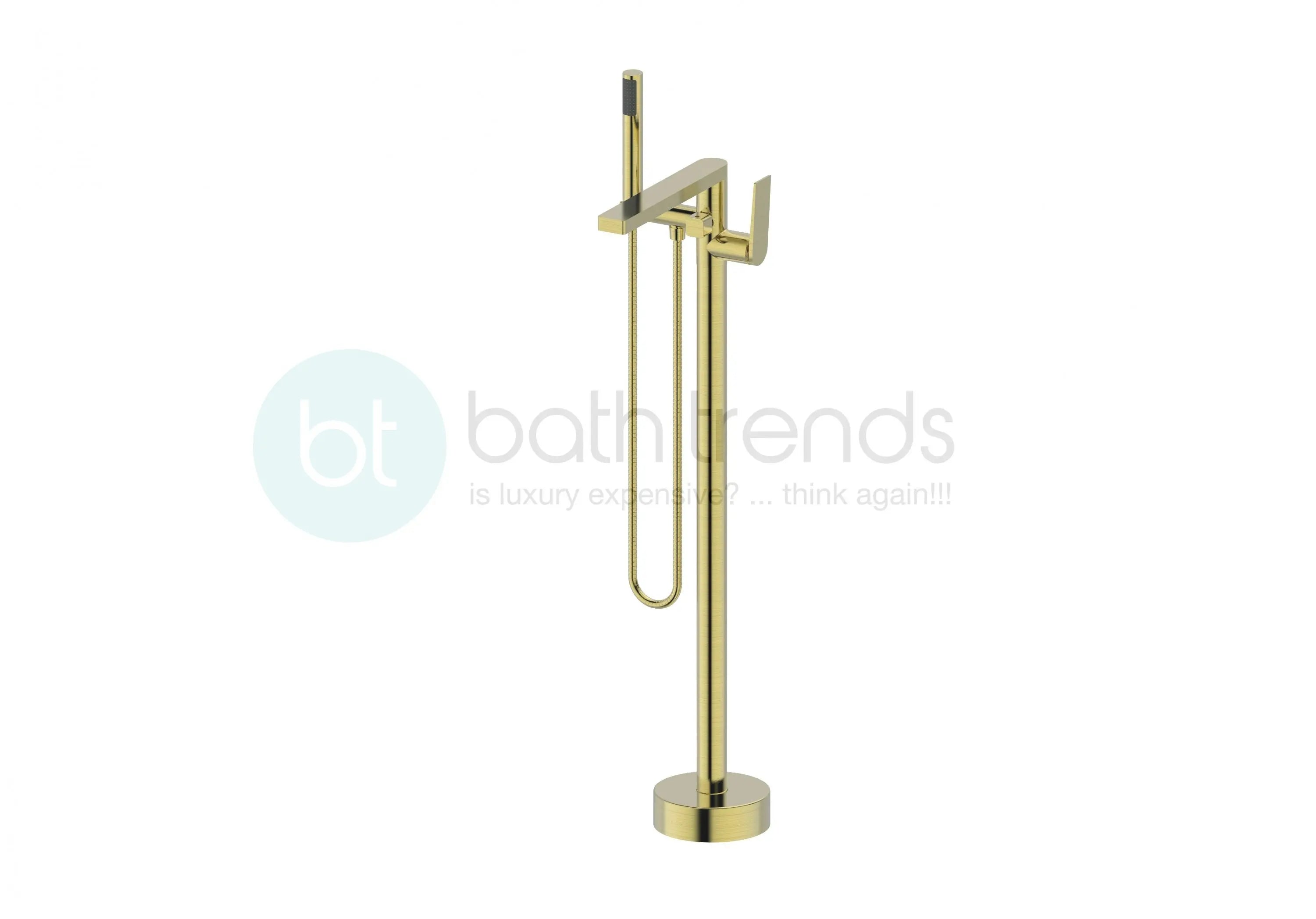 Aquamoon Havana Round Floor Faucet, Single Lever Bath Tub Filler With Hand Held Brushed Gold Finish