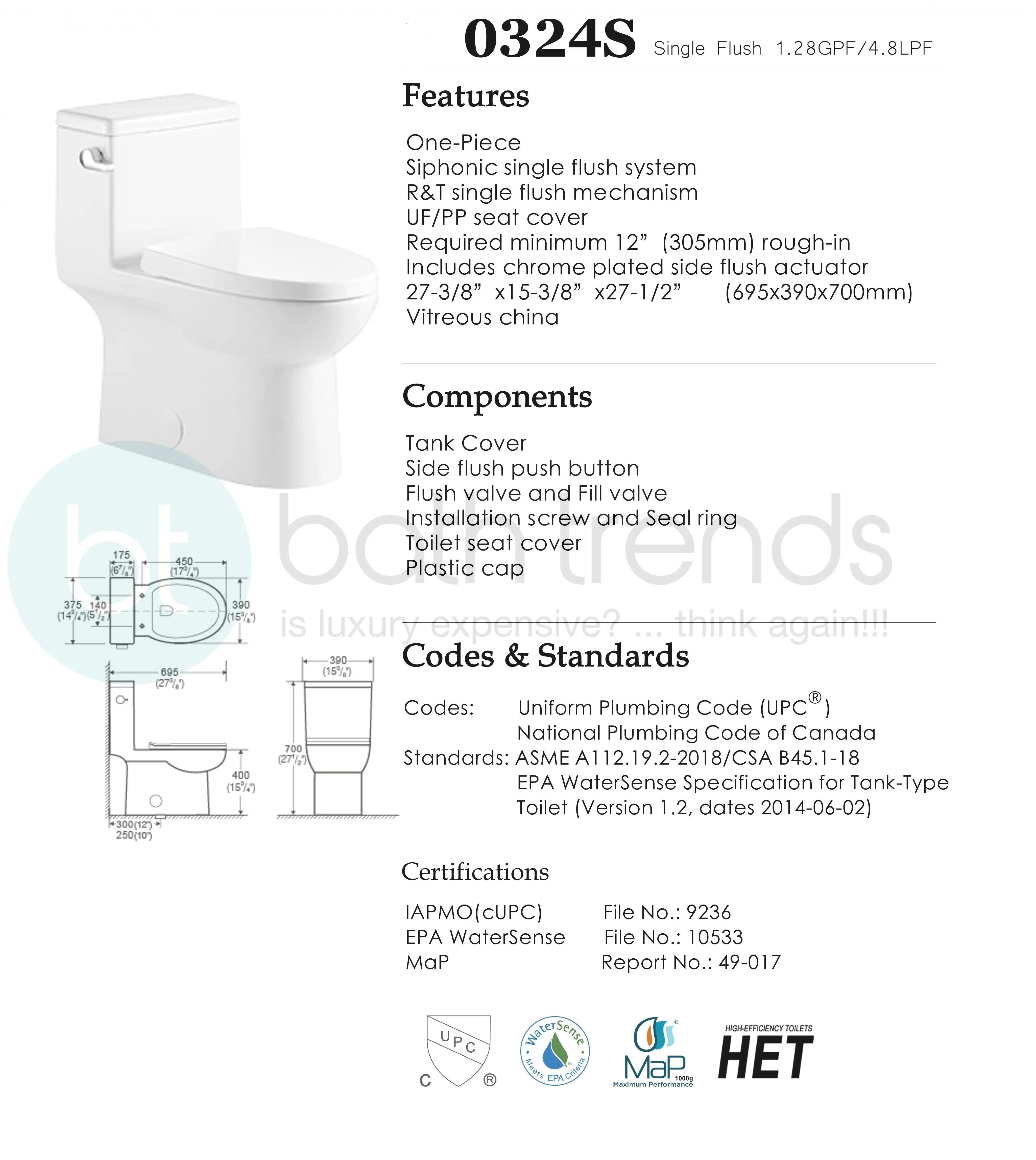 Aquamoon TB 324 Round Front One Piece Single Flush Toilet with Soft Closing Seat
