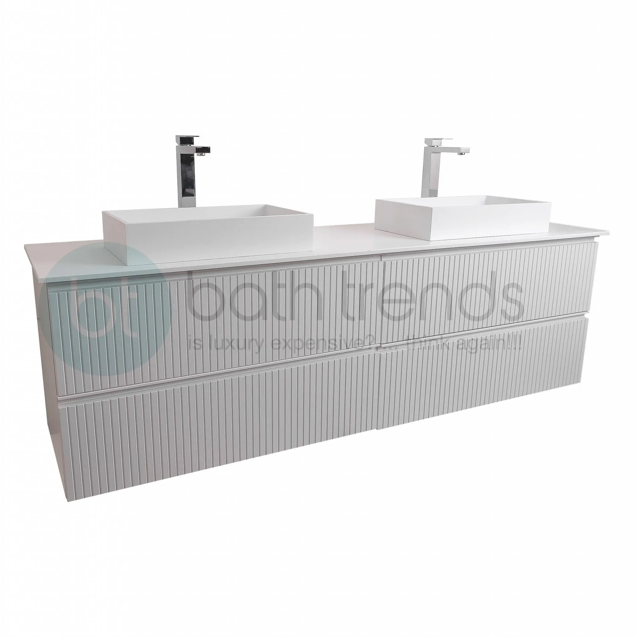 Ares 72 Matte White Cabinet, Solid Surface Flat White Counter And Two Infinity Square Solid Surface White Basin 1329, Wall Mounted Modern Vanity Set