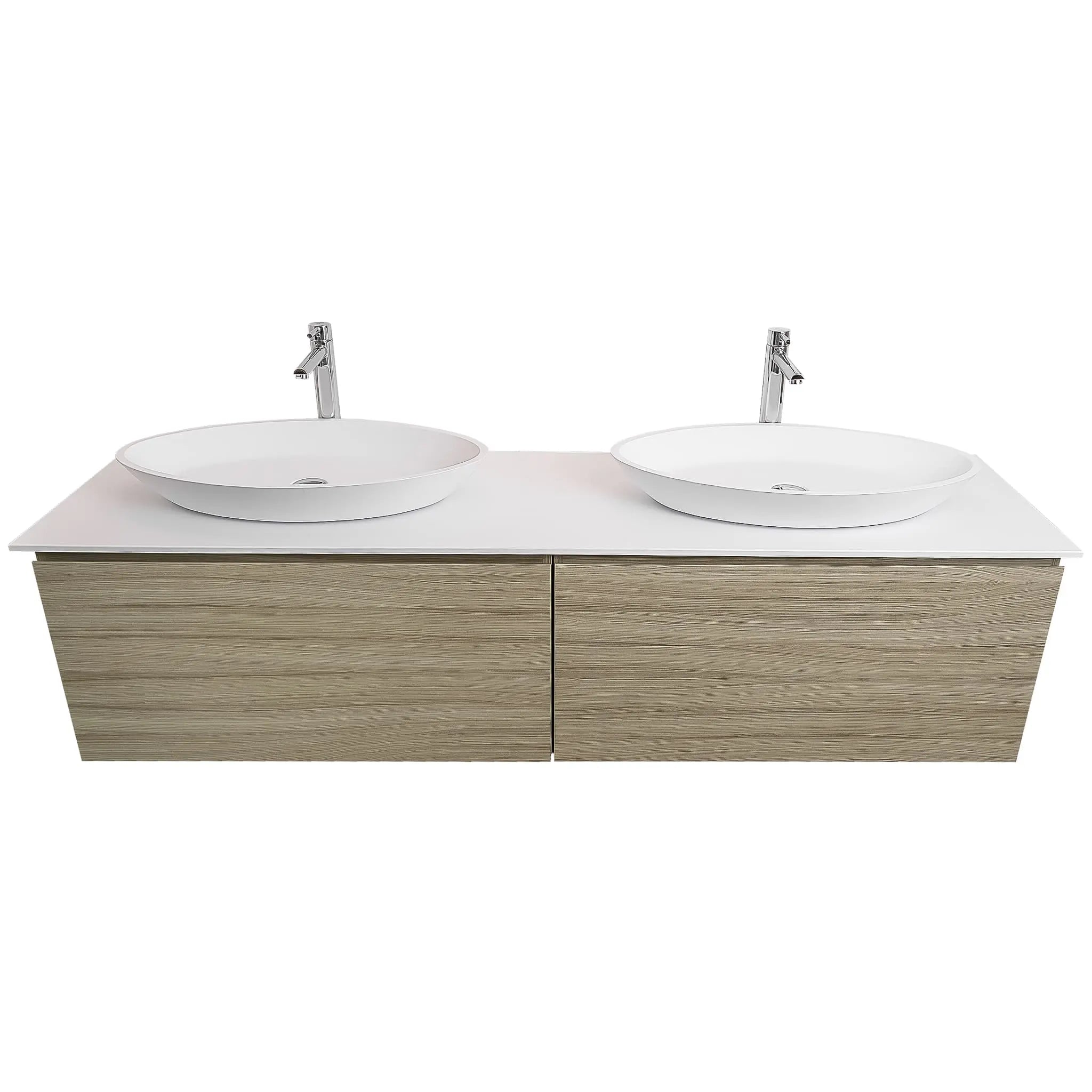 Venice 72 Nilo Grey Wood Texture Cabinet, Solid Surface Flat White Counter And Two Oval Solid Surface White Basin 1305, Wall Mounted Modern Vanity Set