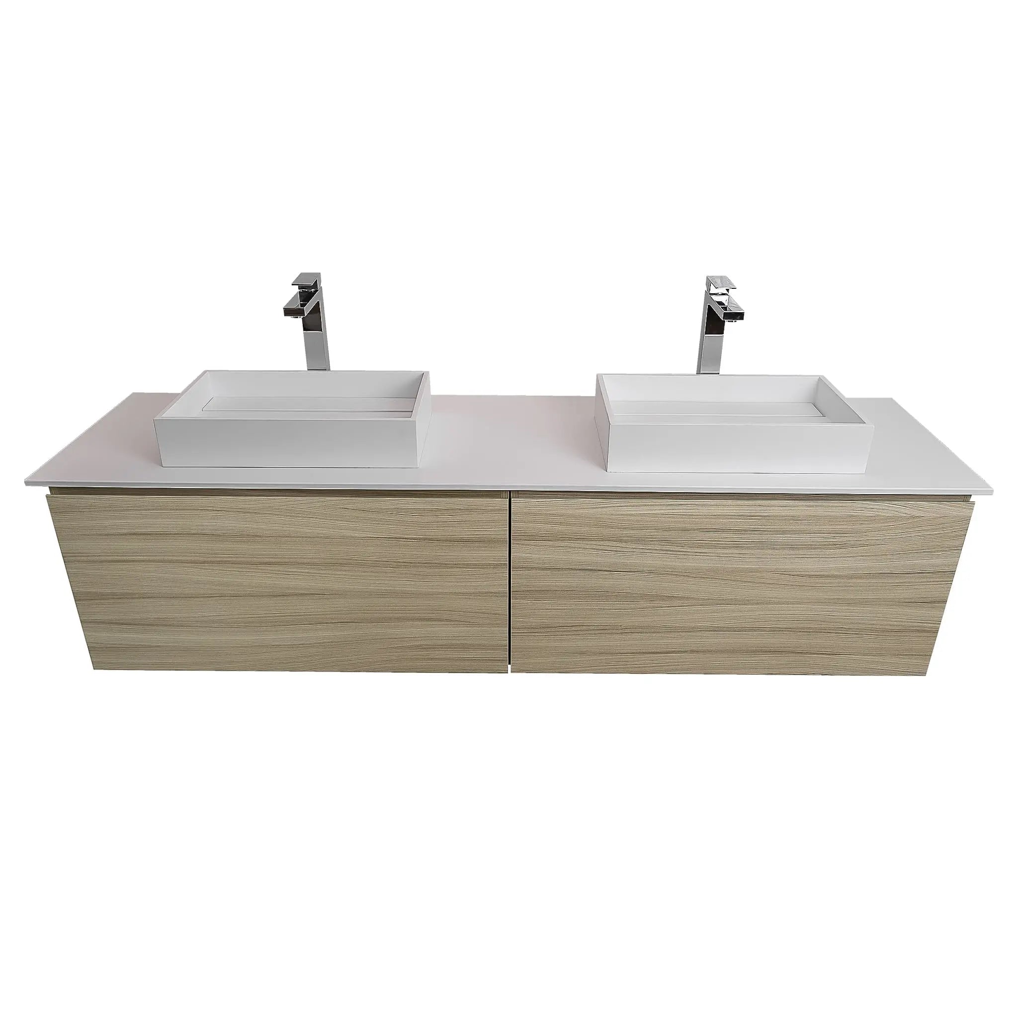 Venice 72 Nilo Grey Wood Texture Cabinet, Solid Surface Flat White Counter And Two Two Infinity Square Solid Surface White Basin 1329, Wall Mounted Modern Vanity Set