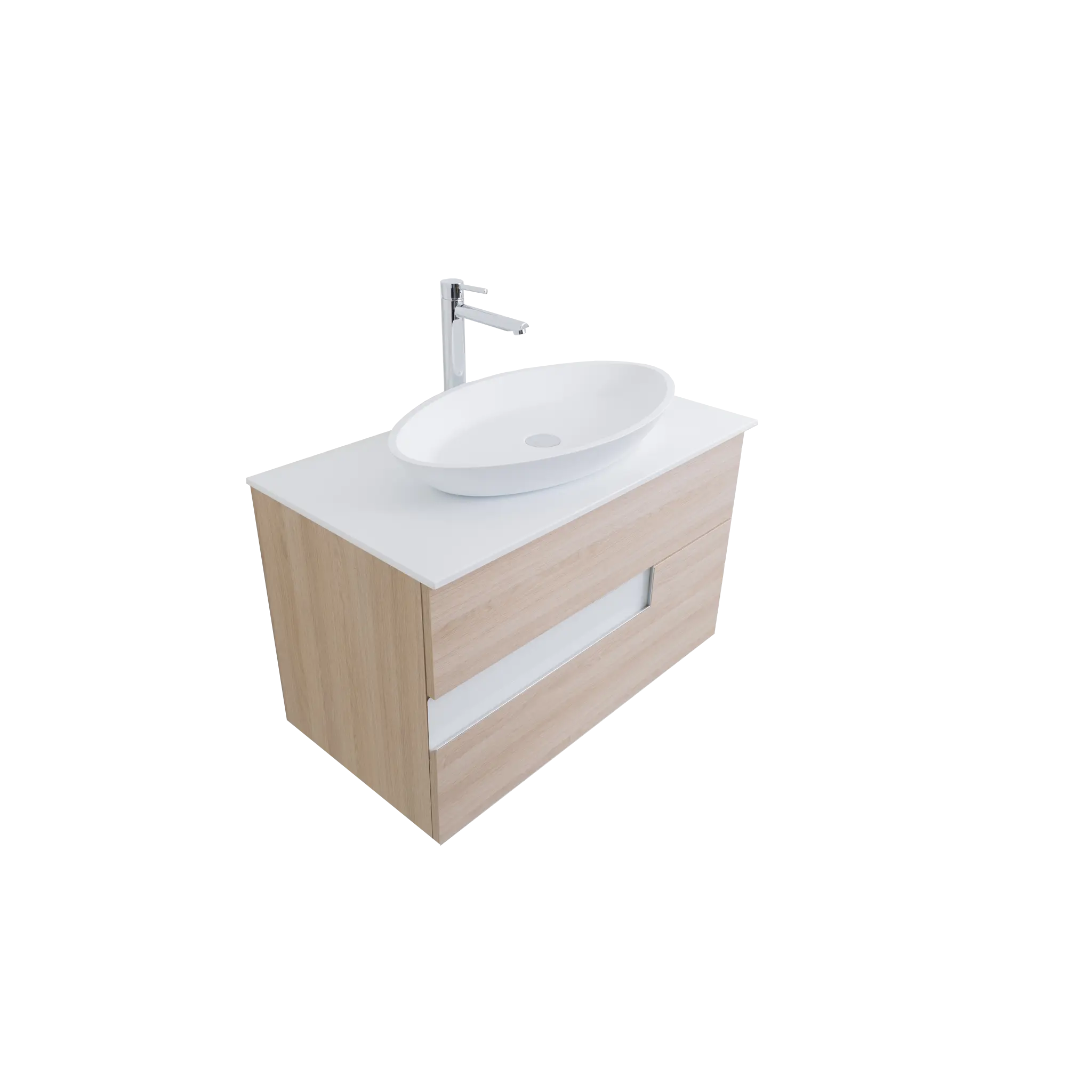 Vision 35.5 Natural Light Wood Cabinet, Solid Surface Flat White Counter And Oval Solid Surface White Basin 1305, Wall Mounted Modern Vanity Set