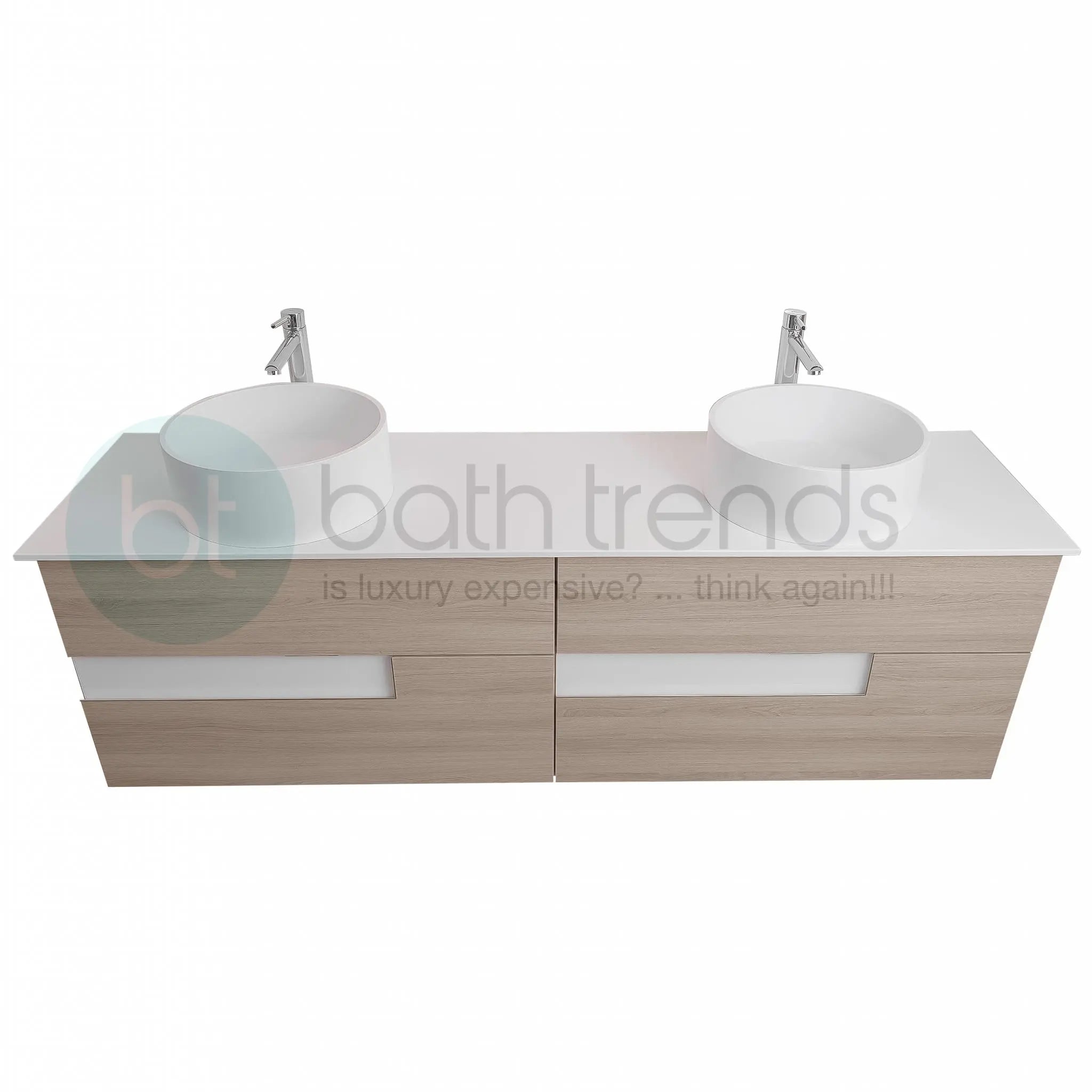 Vision 72 Natural Light Wood Cabinet, Solid Surface Flat White Counter And Two Round Solid Surface White Basin 1386, Wall Mounted Modern Vanity Set