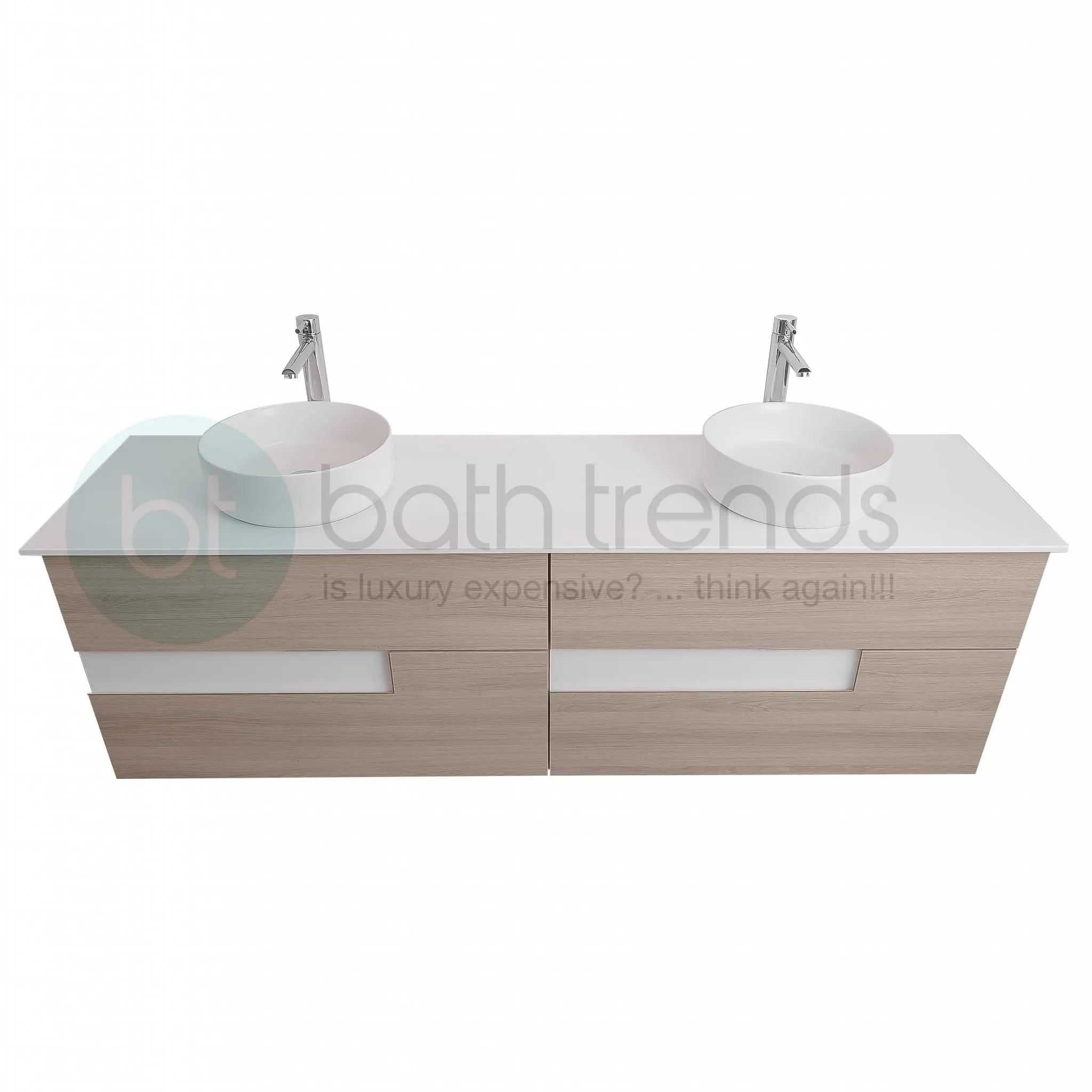 Vision 72 Natural Light Wood Cabinet, Ares White Top And Two Ares White Ceramic Basin, Wall Mounted Modern Vanity Set