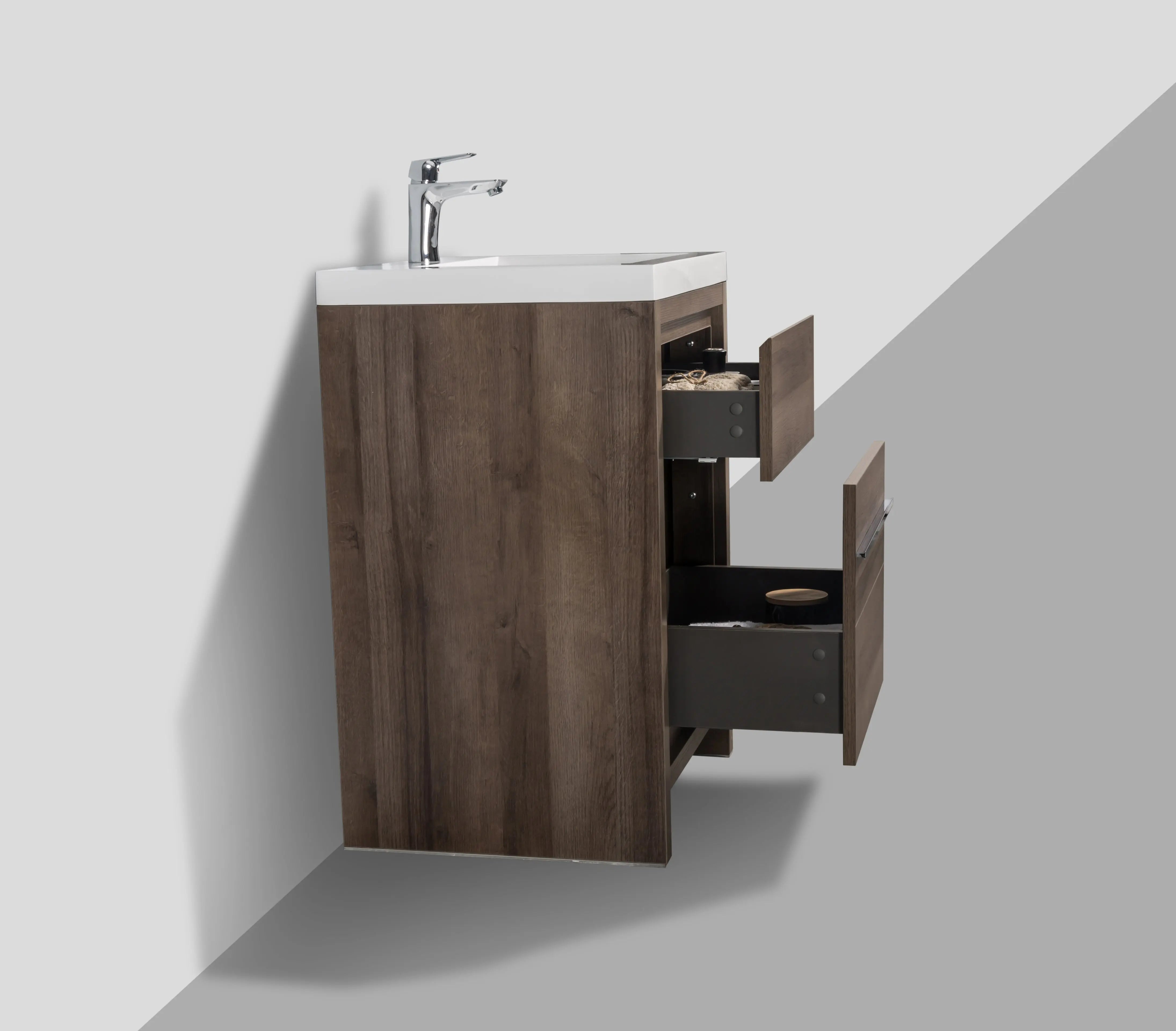 Granada 23.5 Brown Oak With Chrome Handle Cabinet, Square Cultured Marble Sink, Free Standing Modern Vanity Set