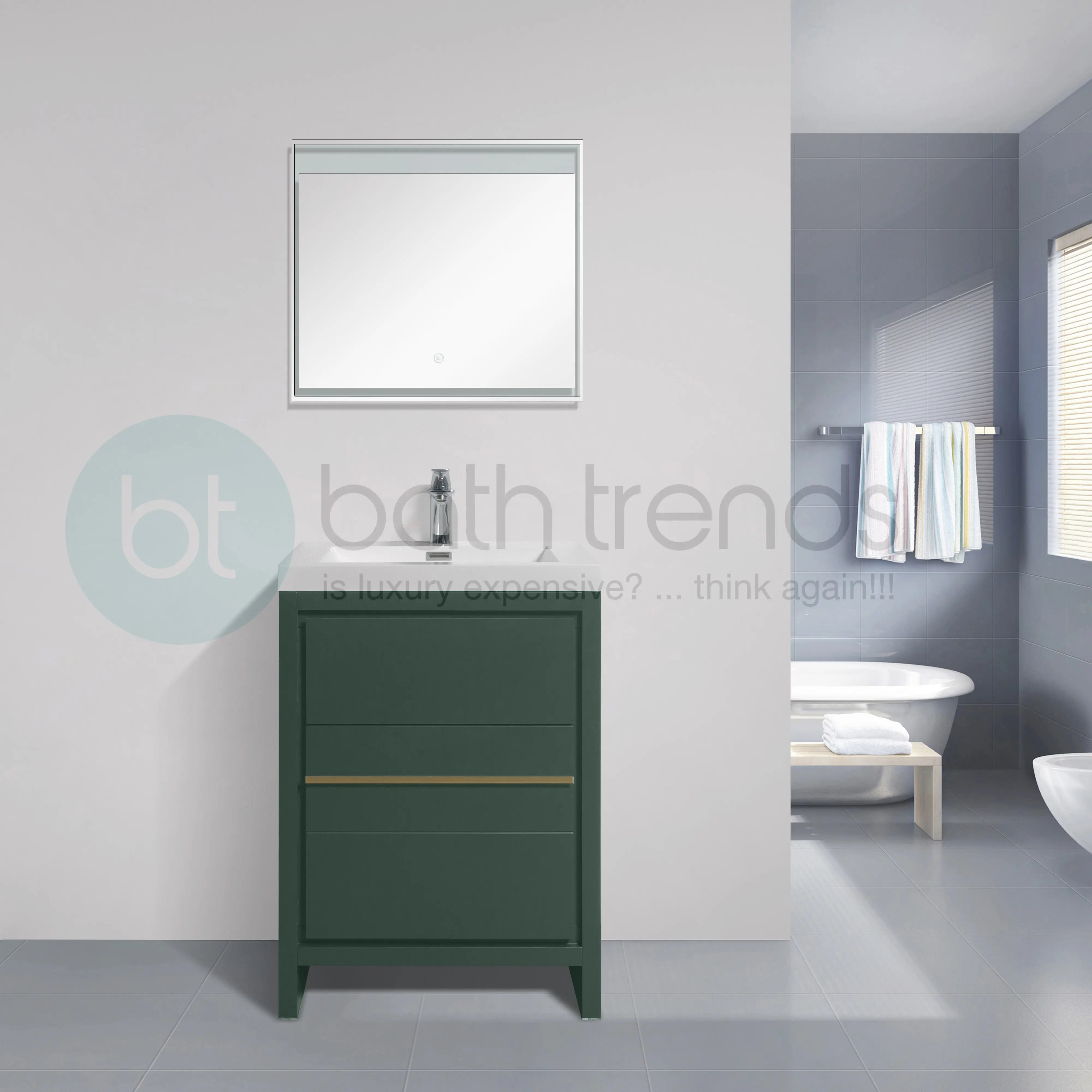 Granada 23.5 Nordic Green With Brush Gold Handle Cabinet, Square Cultured Marble Sink, Free Standing Modern Vanity Set