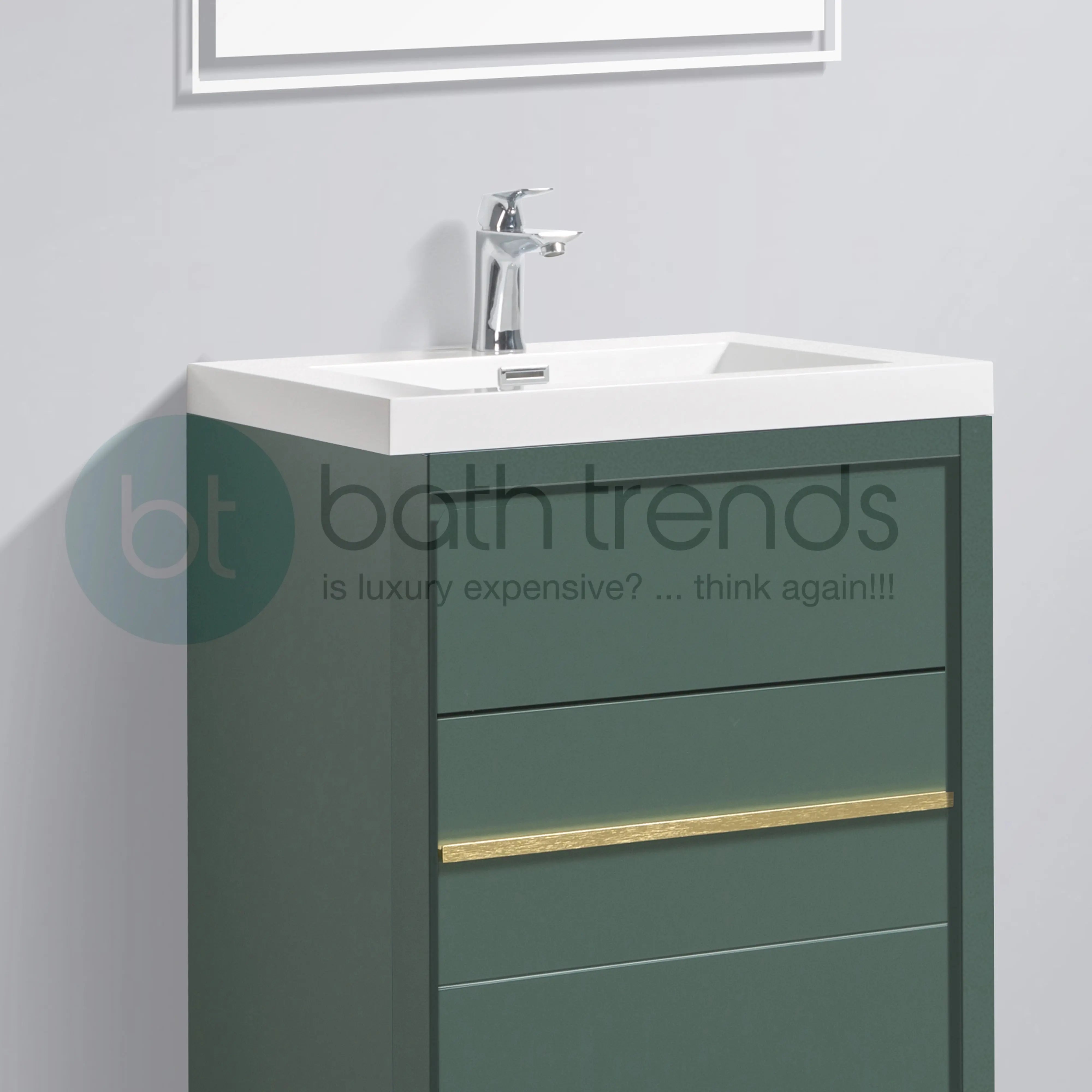 Granada 23.5 Nordic Green With Brush Gold Handle Cabinet, Square Cultured Marble Sink, Free Standing Modern Vanity Set