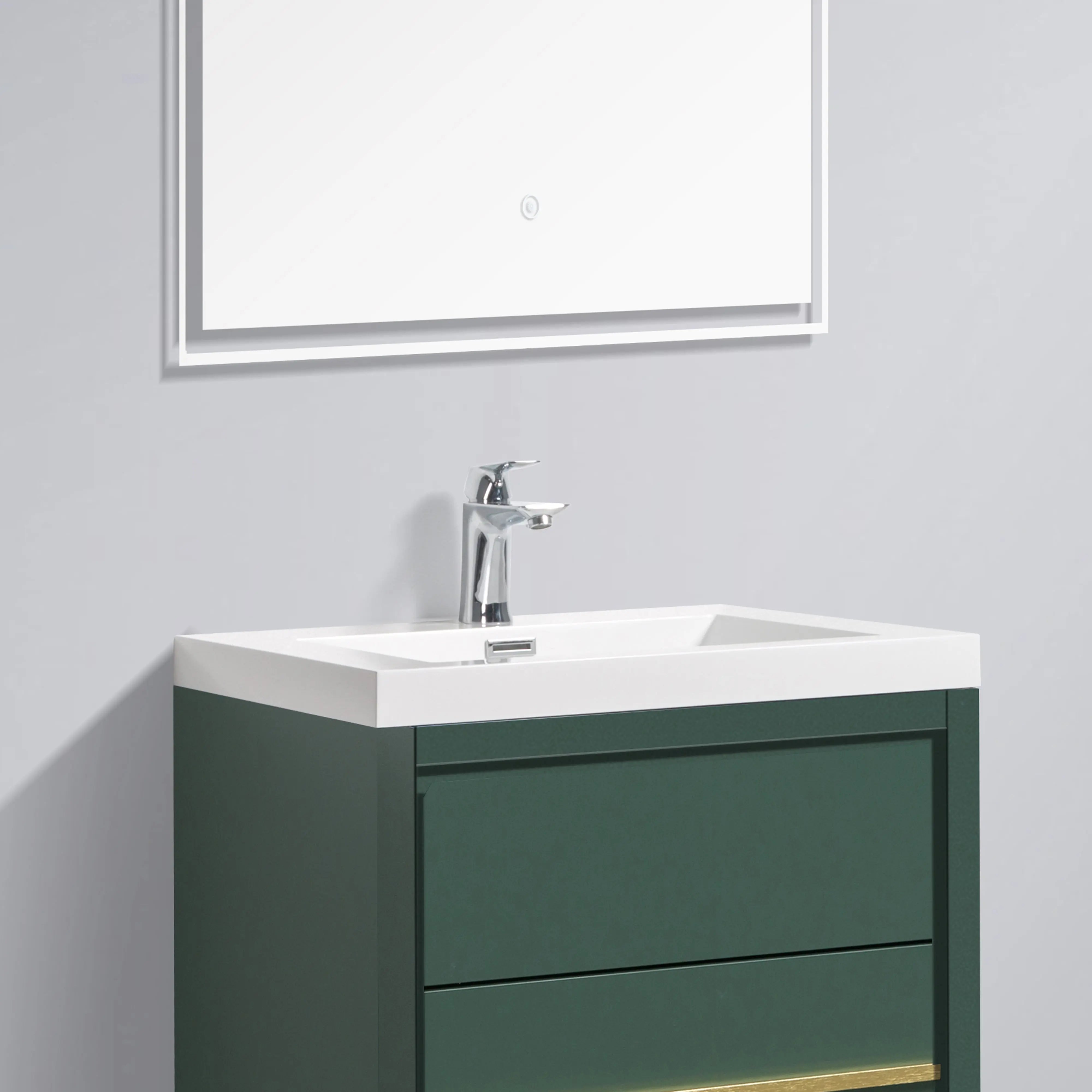 Granada 23.5 Nordic Green With Brush Gold Handle Cabinet, Square Cultured Marble Sink, Free Standing Modern Vanity Set
