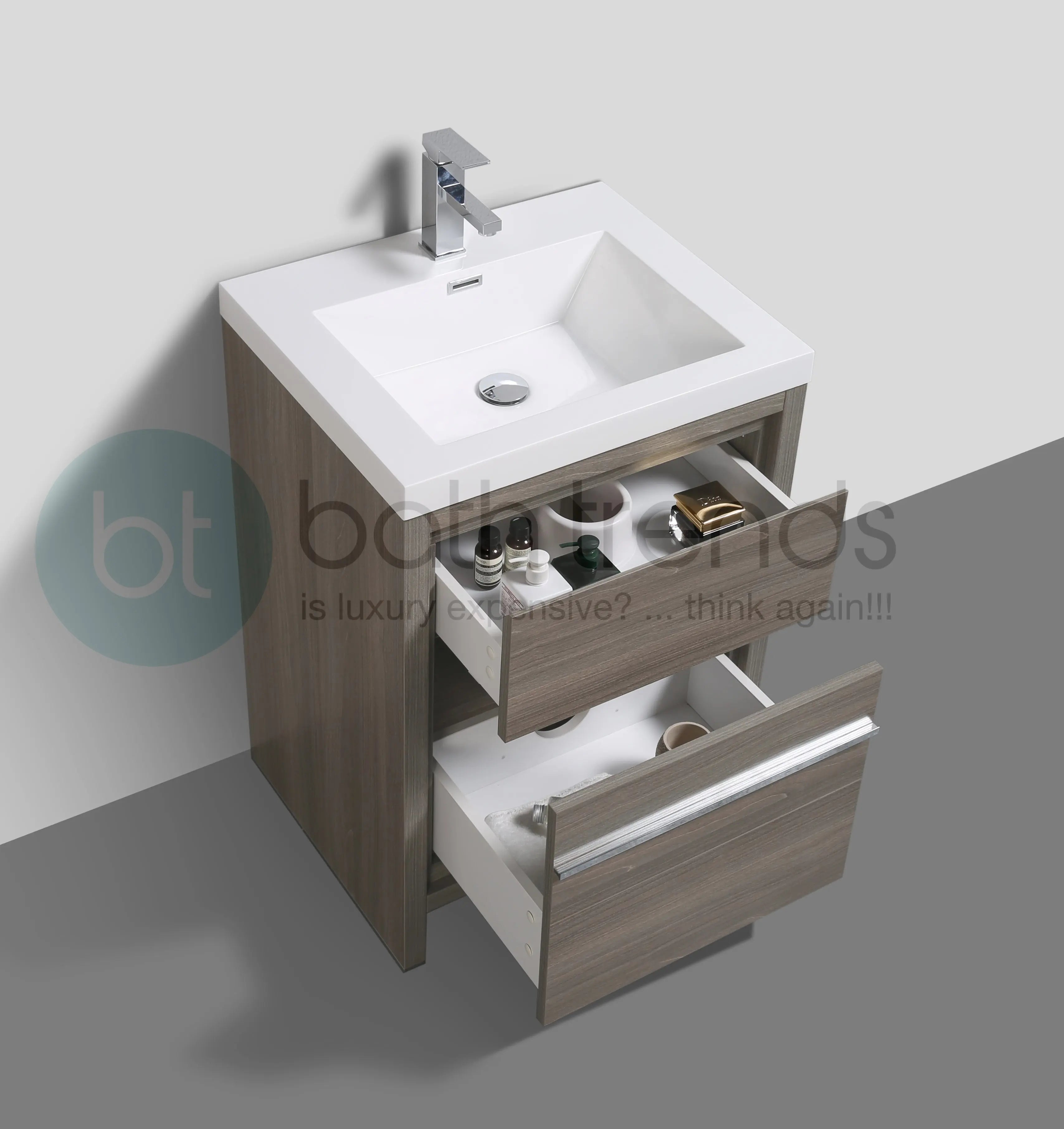 Granada 23.5 Maple Grey With Chrome Handle Cabinet, Square Cultured Marble Sink, Free Standing Modern Vanity Set