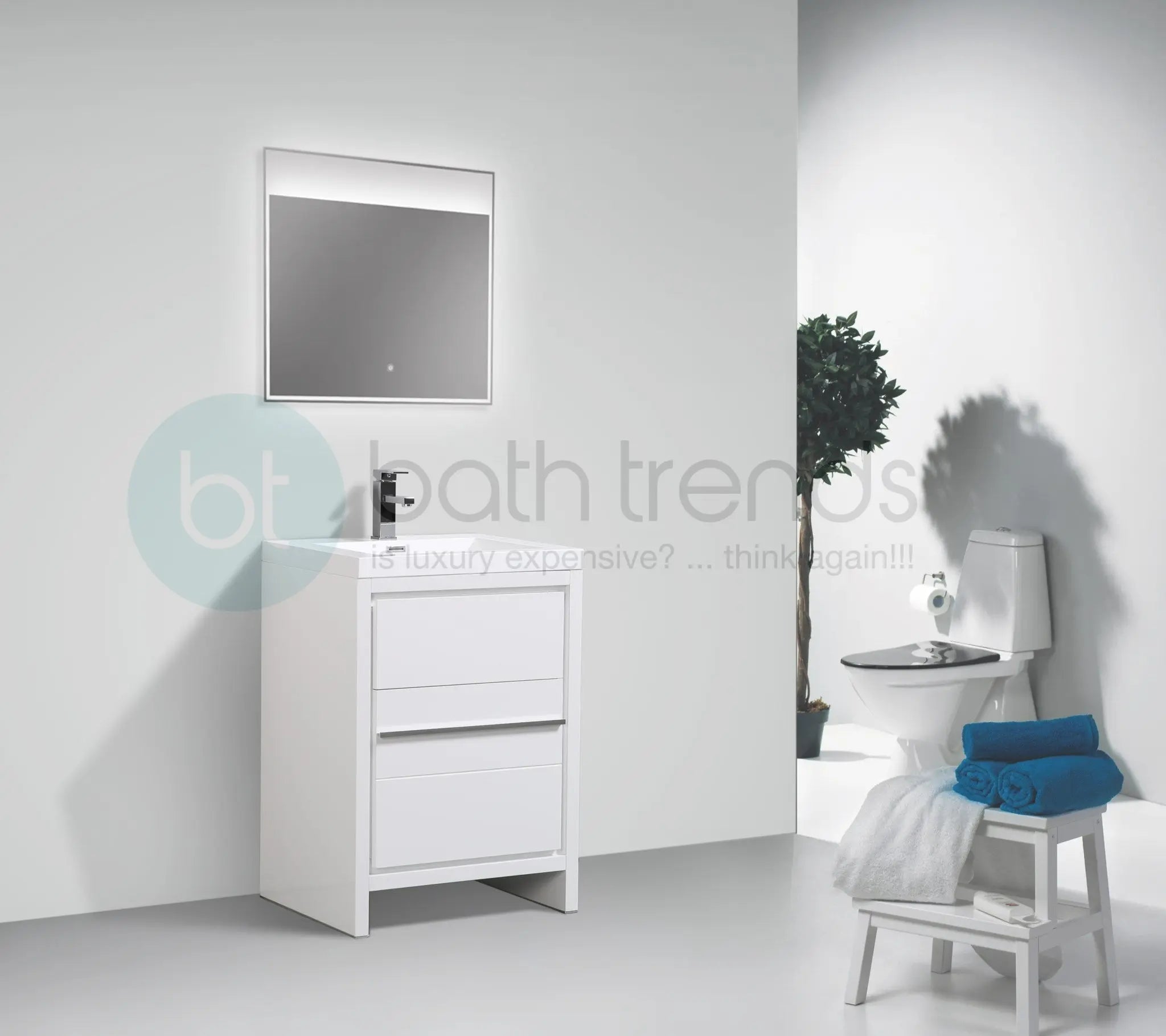 Granada 29.5 White High Gloss With Chrome Handle Cabinet, Square Cultured Marble Sink, Free Standing Modern Vanity Set