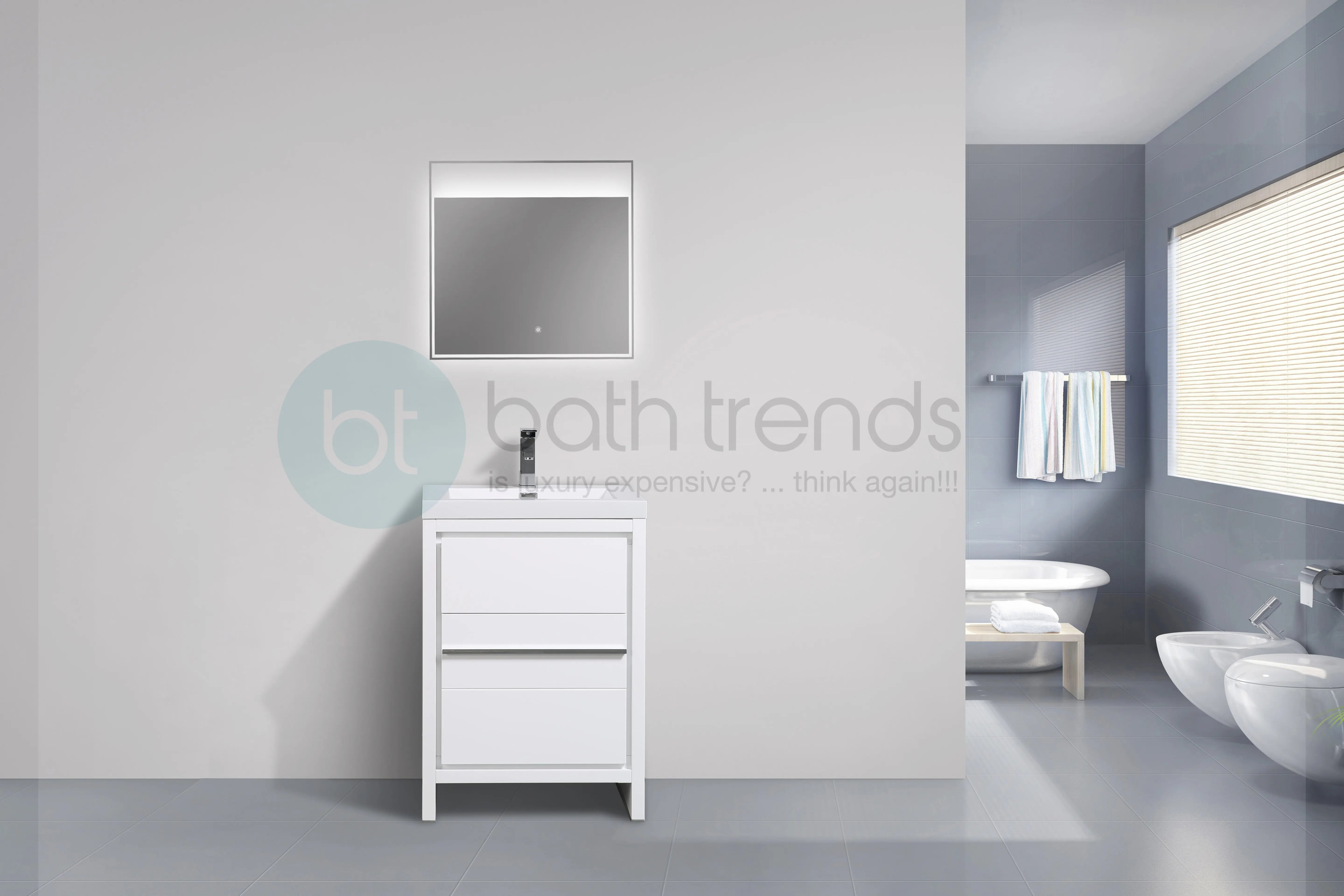 Granada 23.5 White High Gloss With Chrome Handle Cabinet, Square Cultured Marble Sink, Free Standing Modern Vanity Set