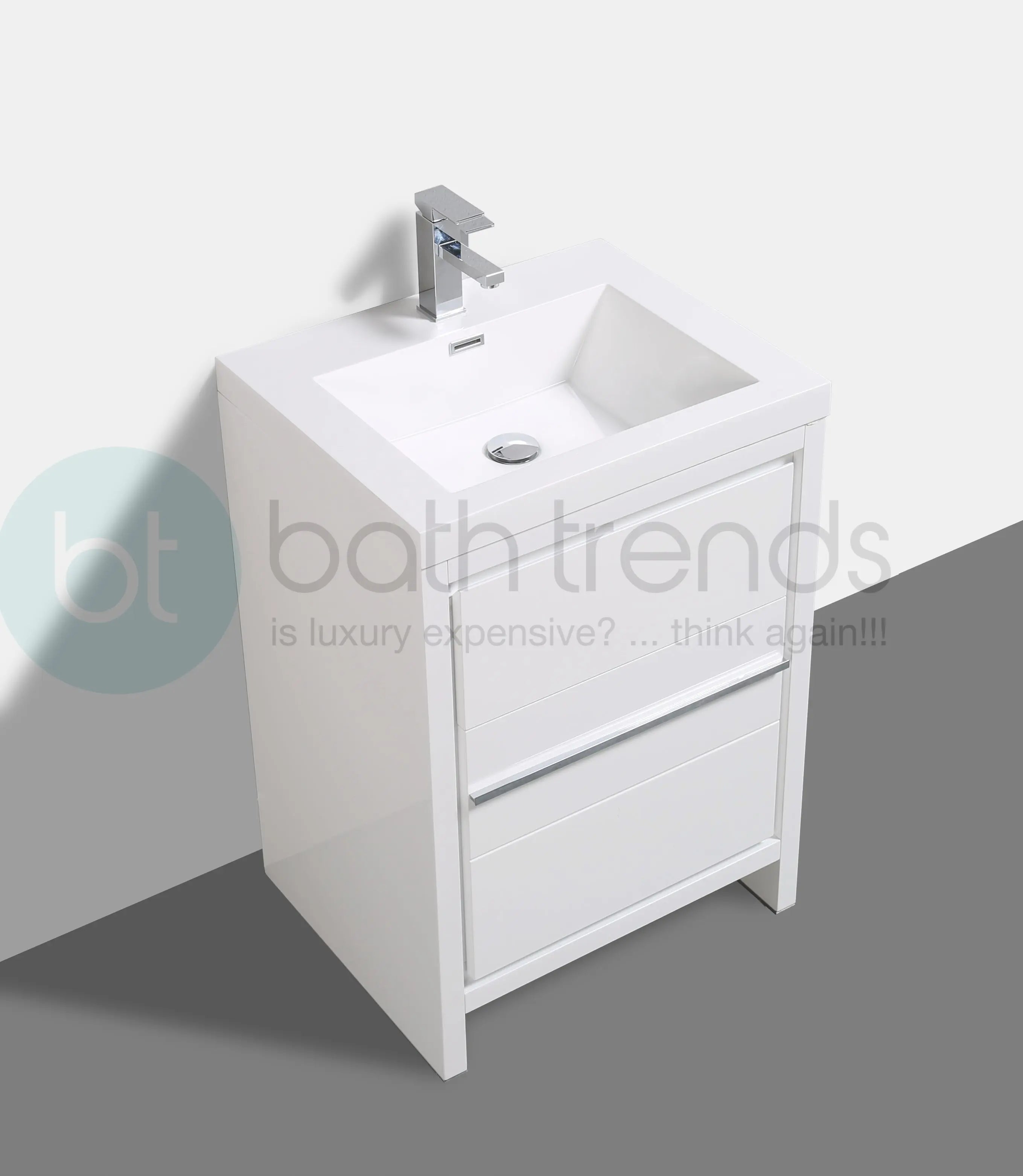 Granada 23.5 White High Gloss With Chrome Handle Cabinet, Square Cultured Marble Sink, Free Standing Modern Vanity Set