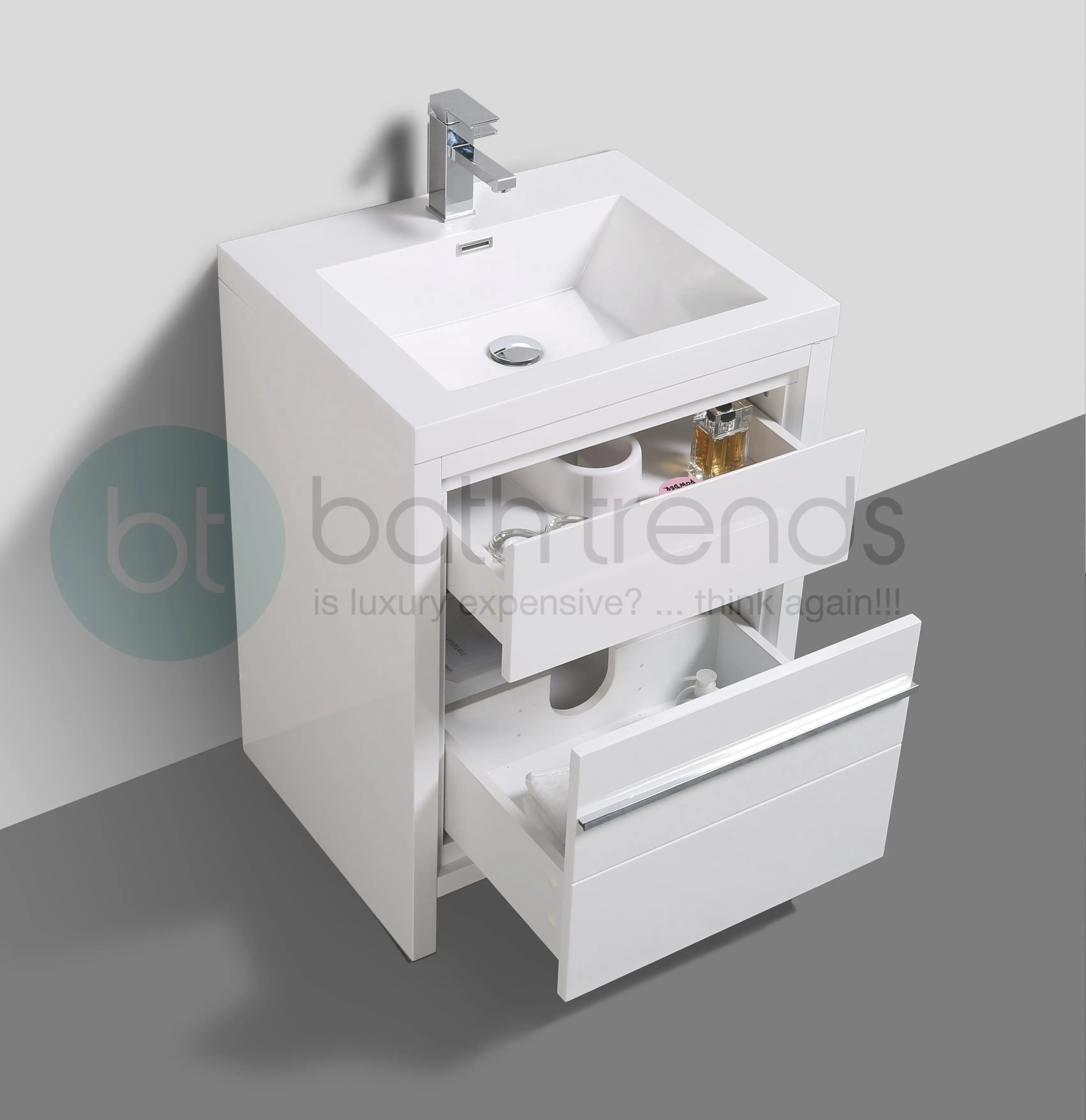 Granada 23.5 White High Gloss With Chrome Handle Cabinet, Square Cultured Marble Sink, Free Standing Modern Vanity Set