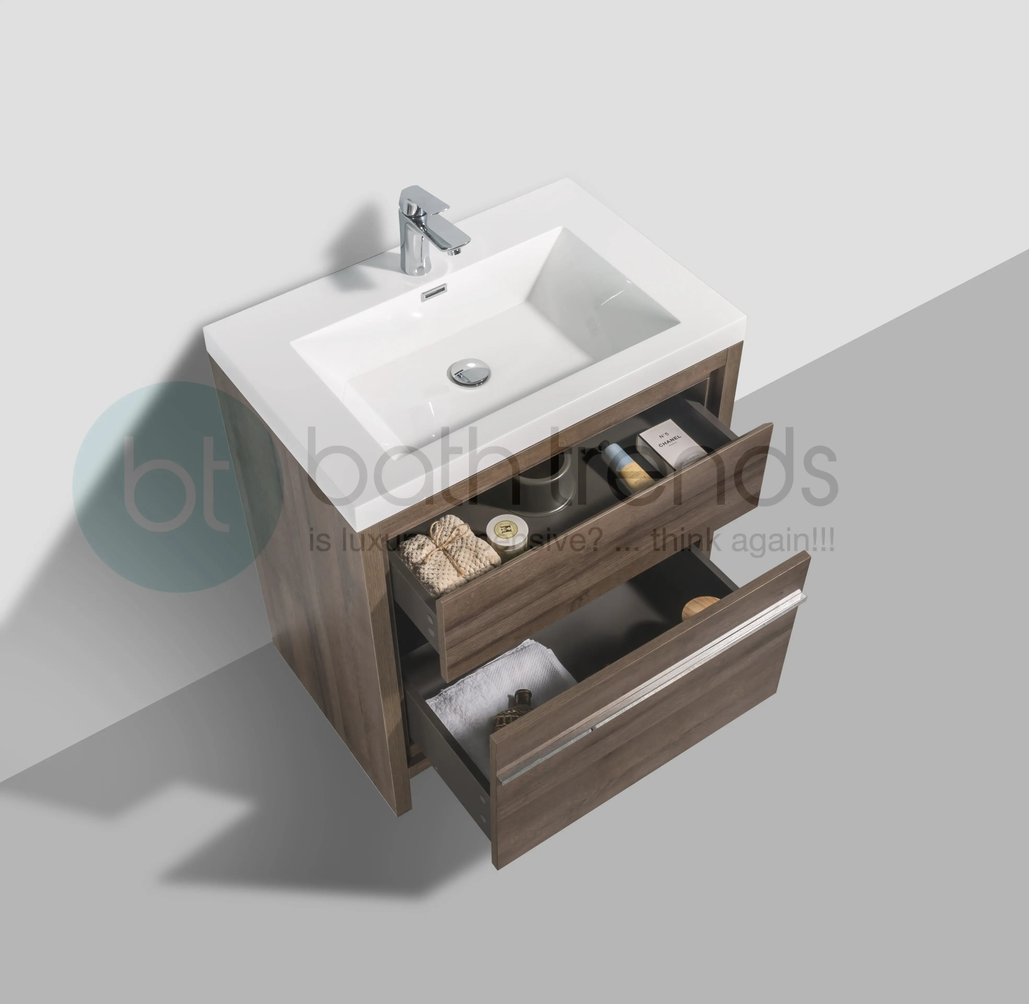 Granada 29.5 Brown Oak With Chrome Handle Cabinet, Square Cultured Marble Sink, Free Standing Modern Vanity Set