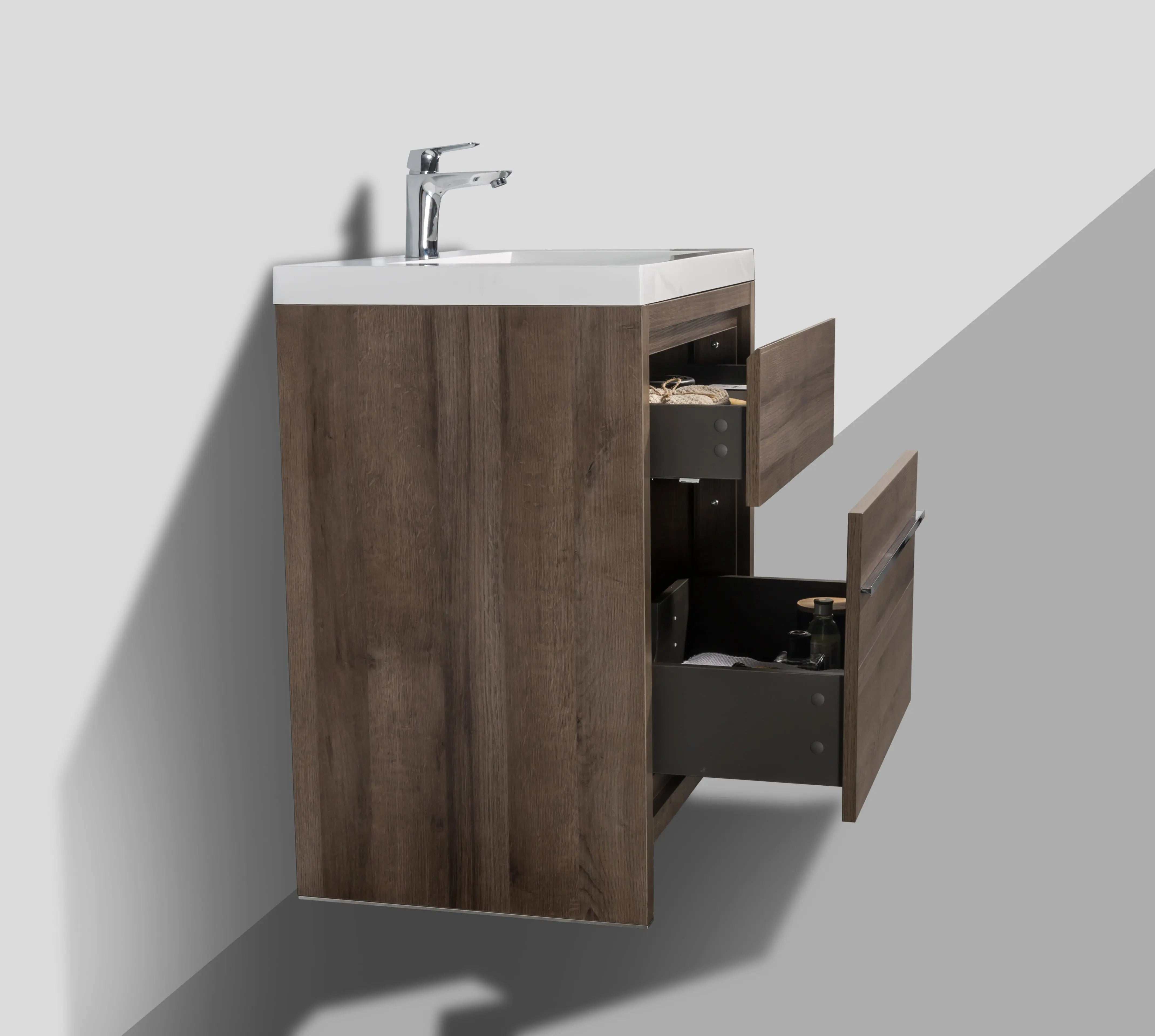 Granada 29.5 Brown Oak With Chrome Handle Cabinet, Square Cultured Marble Sink, Free Standing Modern Vanity Set
