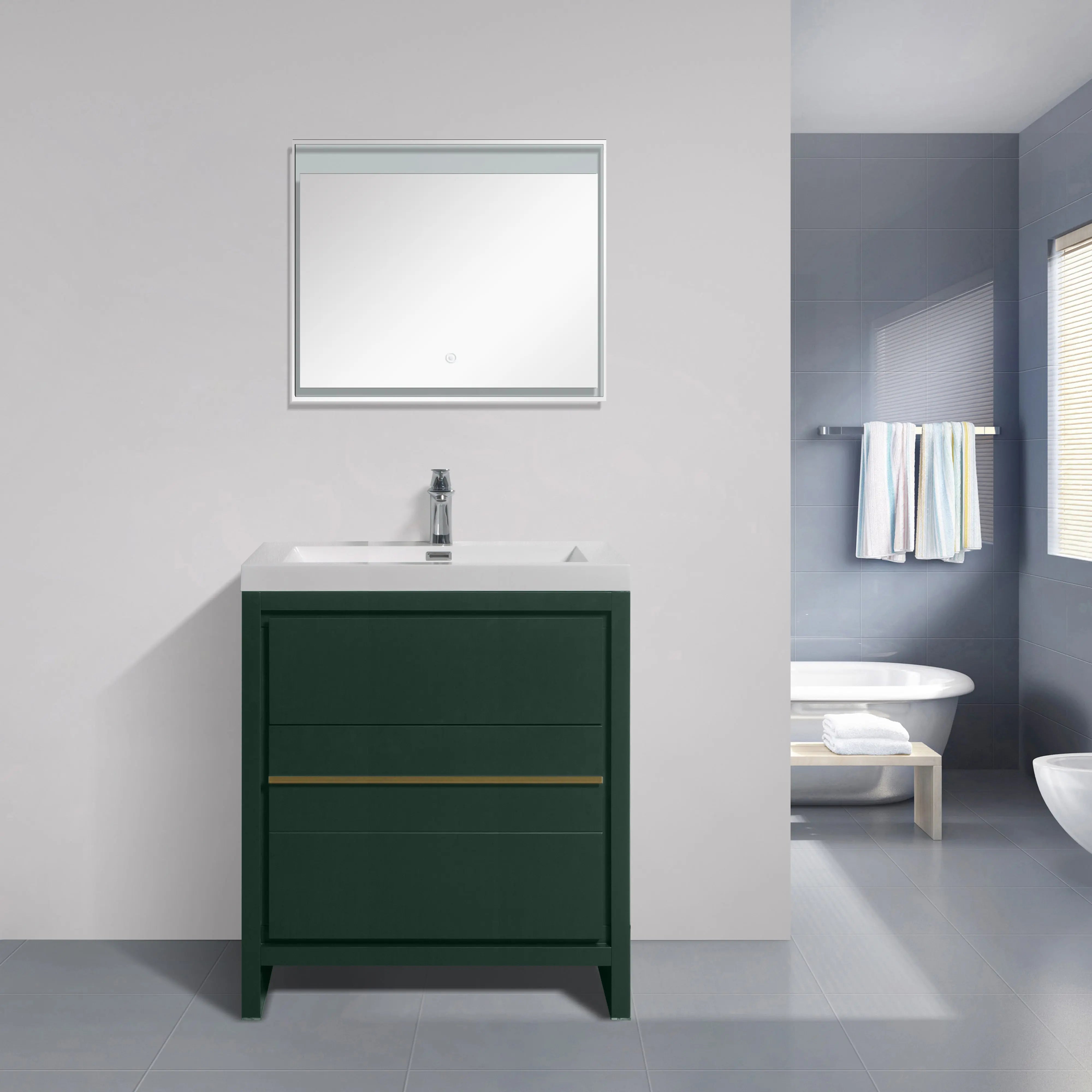 Granada 29.5 Nordic Green With Brush Gold Handle Cabinet, Square Cultured Marble Sink, Free Standing Modern Vanity Set