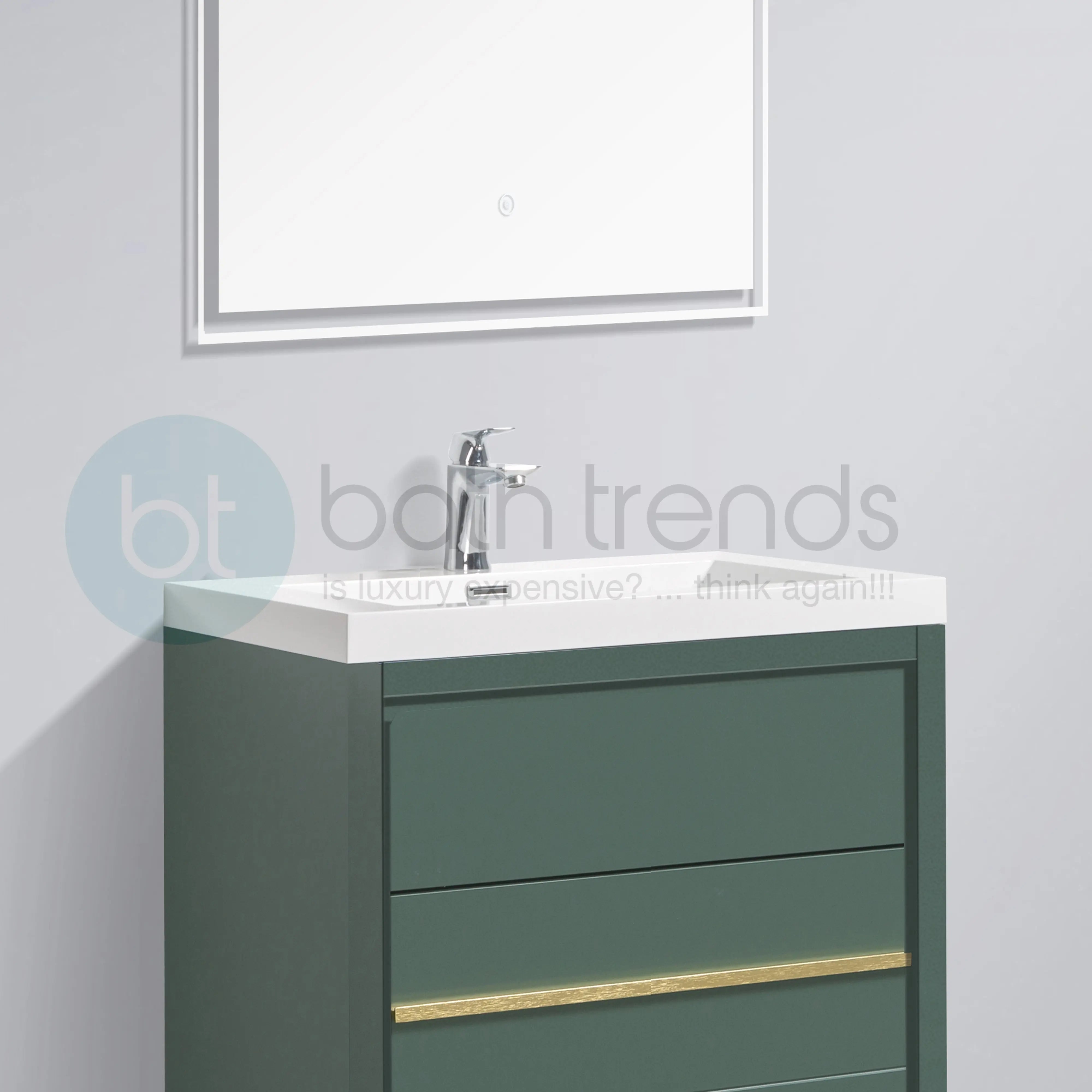 Granada 29.5 Nordic Green With Brush Gold Handle Cabinet, Square Cultured Marble Sink, Free Standing Modern Vanity Set
