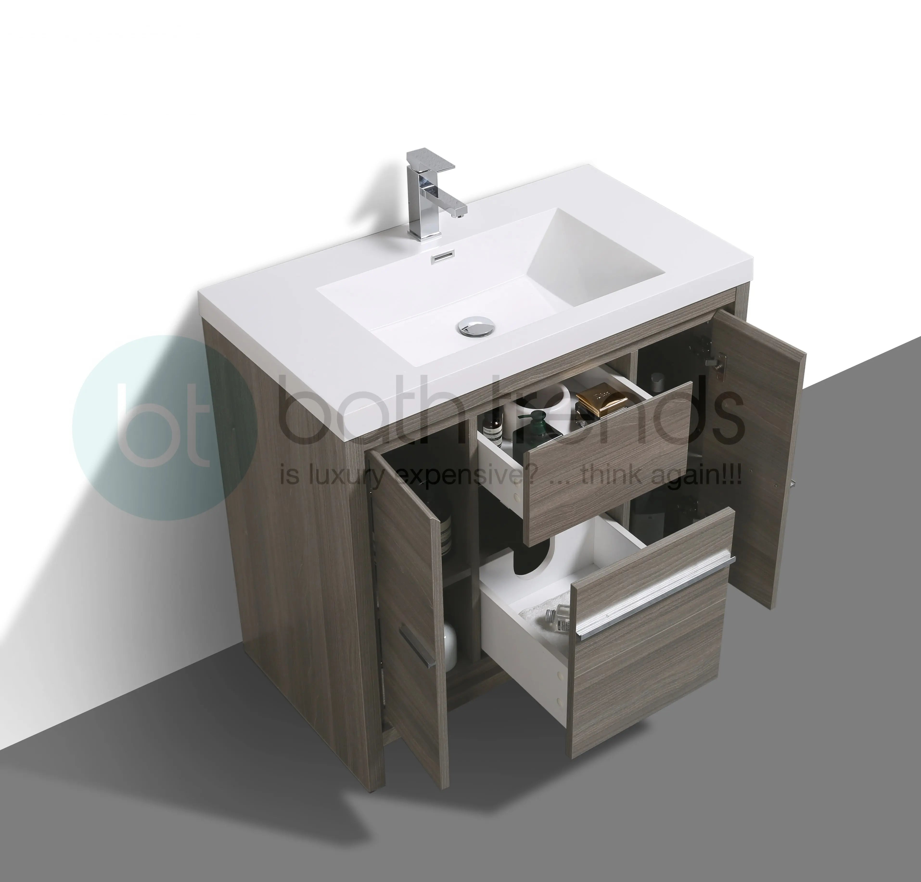Granada 29.5 Maple Grey With Chrome Handle Cabinet, Square Cultured Marble Sink, Free Standing Modern Vanity Set