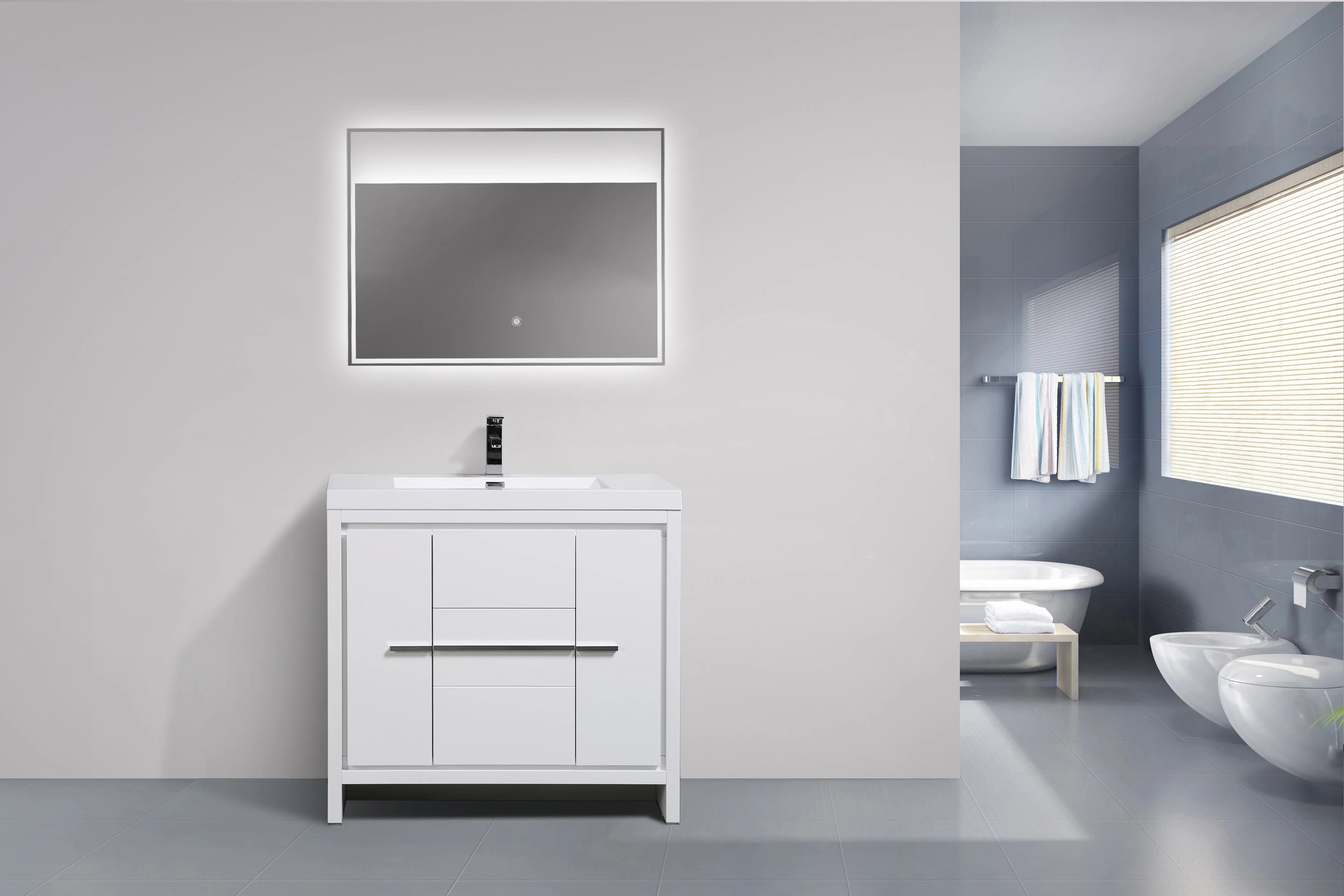 Granada 29.5 White High Gloss With Chrome Handle Cabinet, Square Cultured Marble Sink, Free Standing Modern Vanity Set